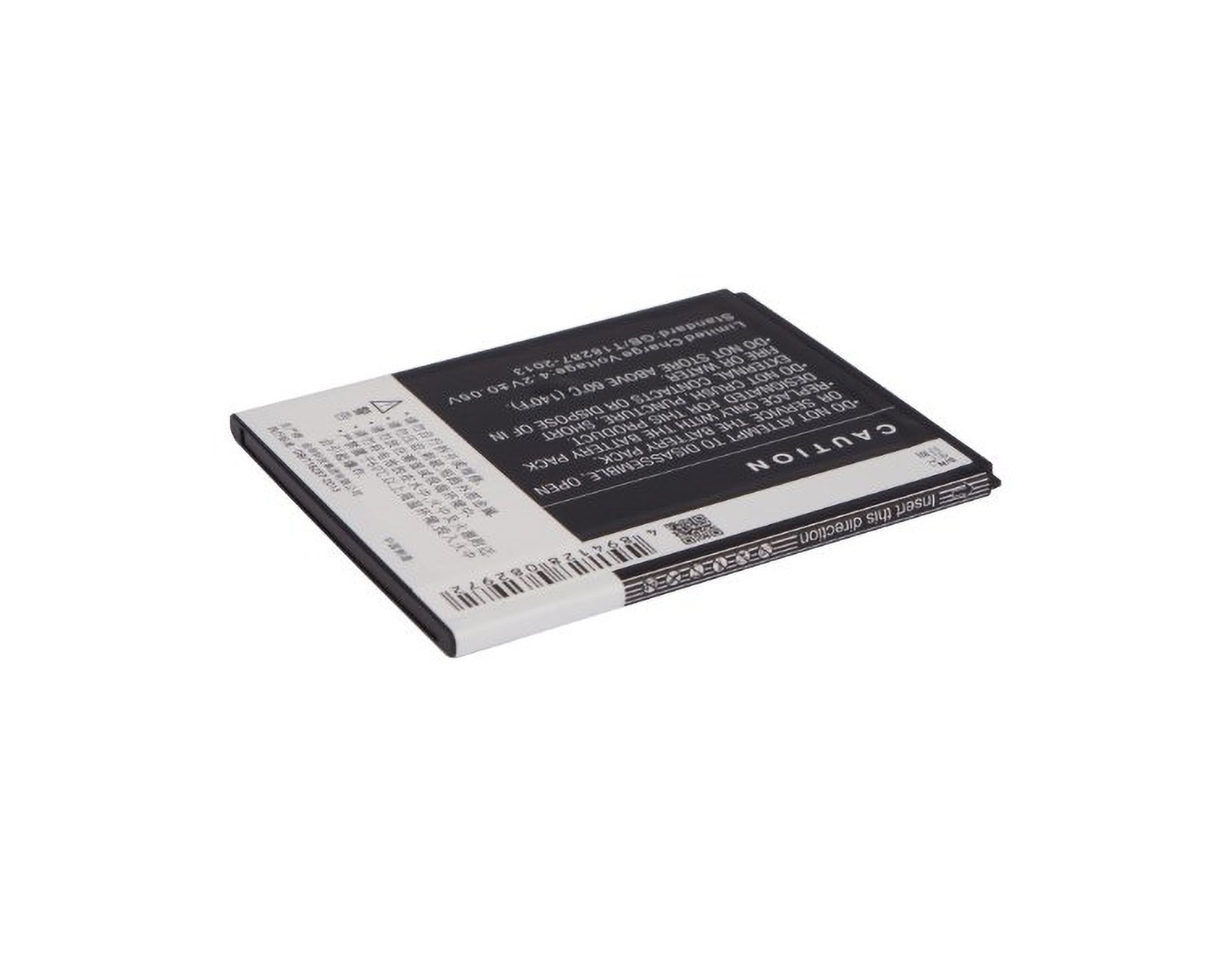 Dünne schwarze Batterie mit weißem Text. Zeigt Vorsichtshinweise und Batterieinformationen. Scheint neu zu sein.
