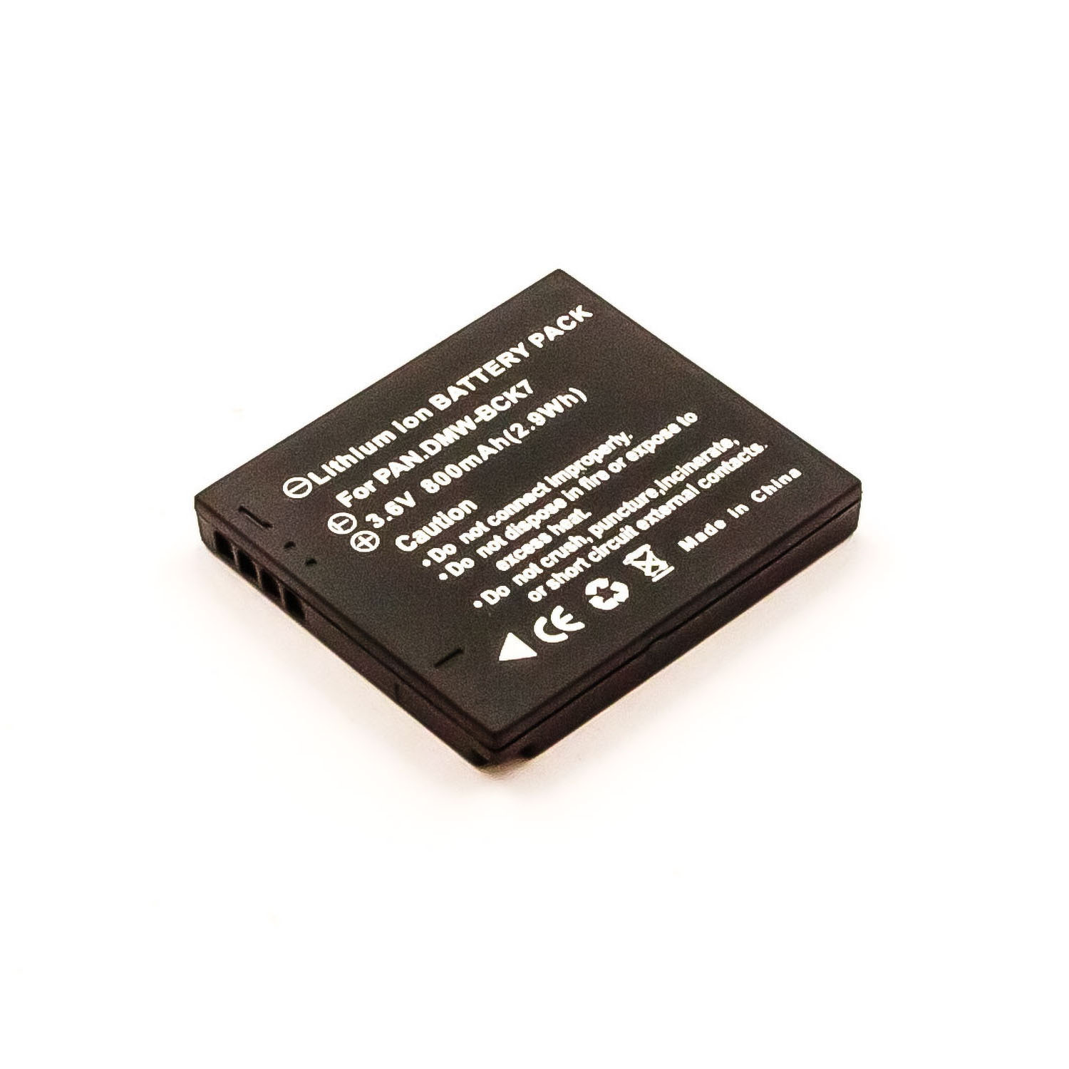 Schwarzes rechteckiges Batteriepack mit Text und Symbolen. Weißer Hintergrund. Enthält Vorsichtshinweise und technische Details.