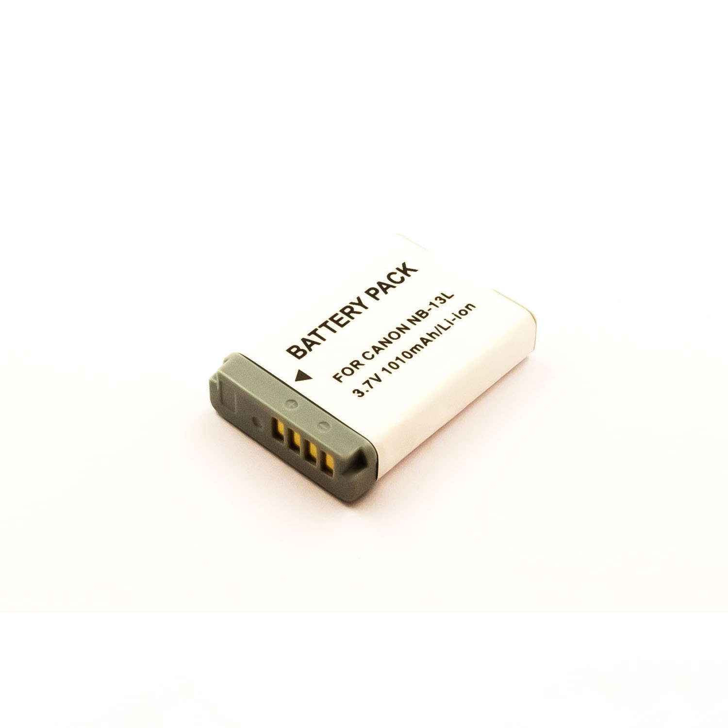 Weißer Akku mit grauem Ende, 3,7 V 1010 mAh Li-Ion, auf weißem Hintergrund.