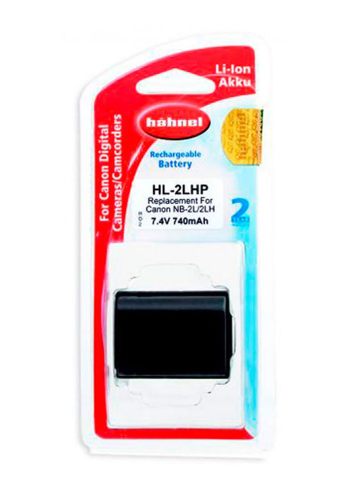 Ein schwarzes Akkupack in einer rot-weißen Kunststoffverpackung mit Text. Weißer Hintergrund, 'Li-ion Akku'.