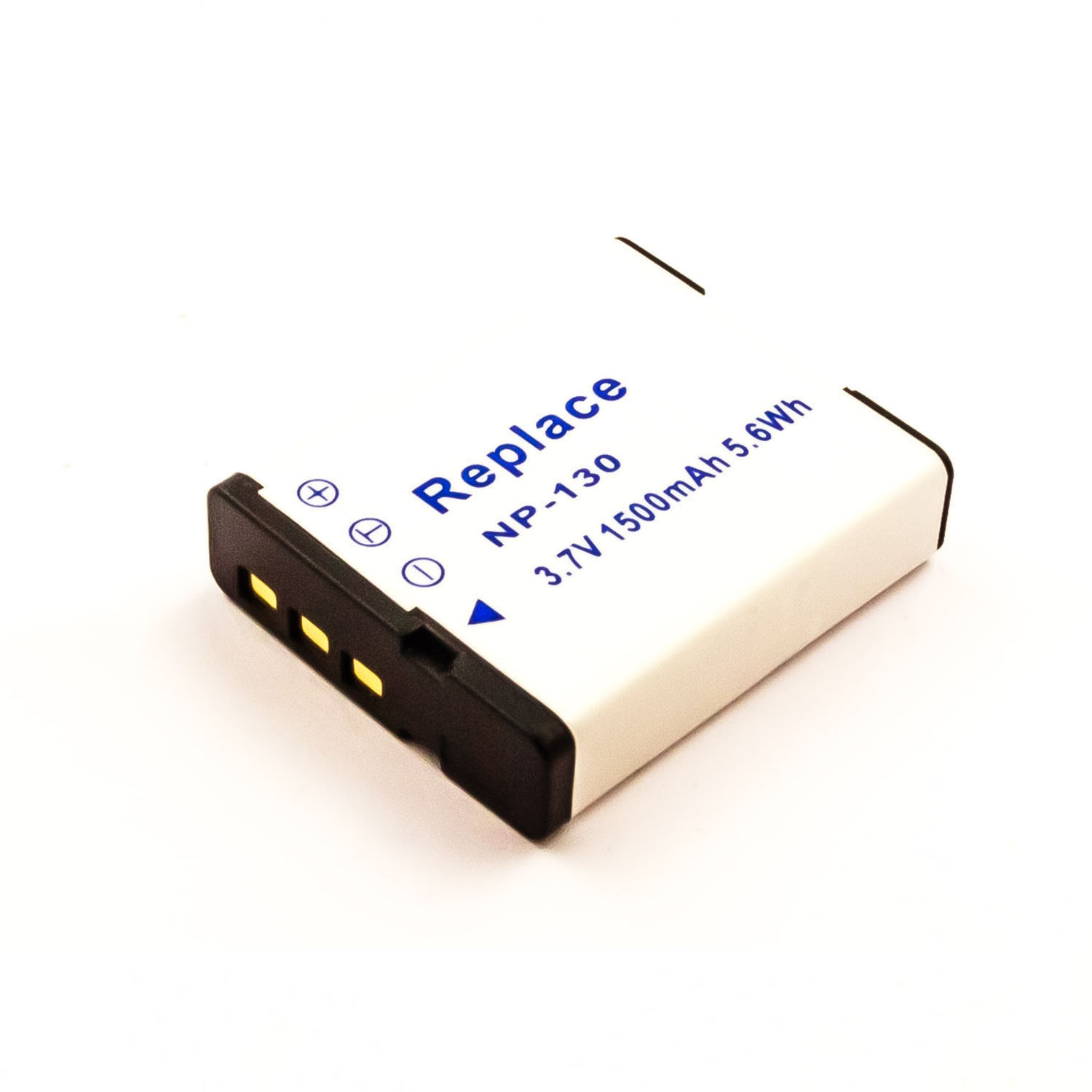 Weiße Batterie mit schwarzem Ende. Text: Replace, NP-130, 3,7V 1500mAh 5,6Wh.