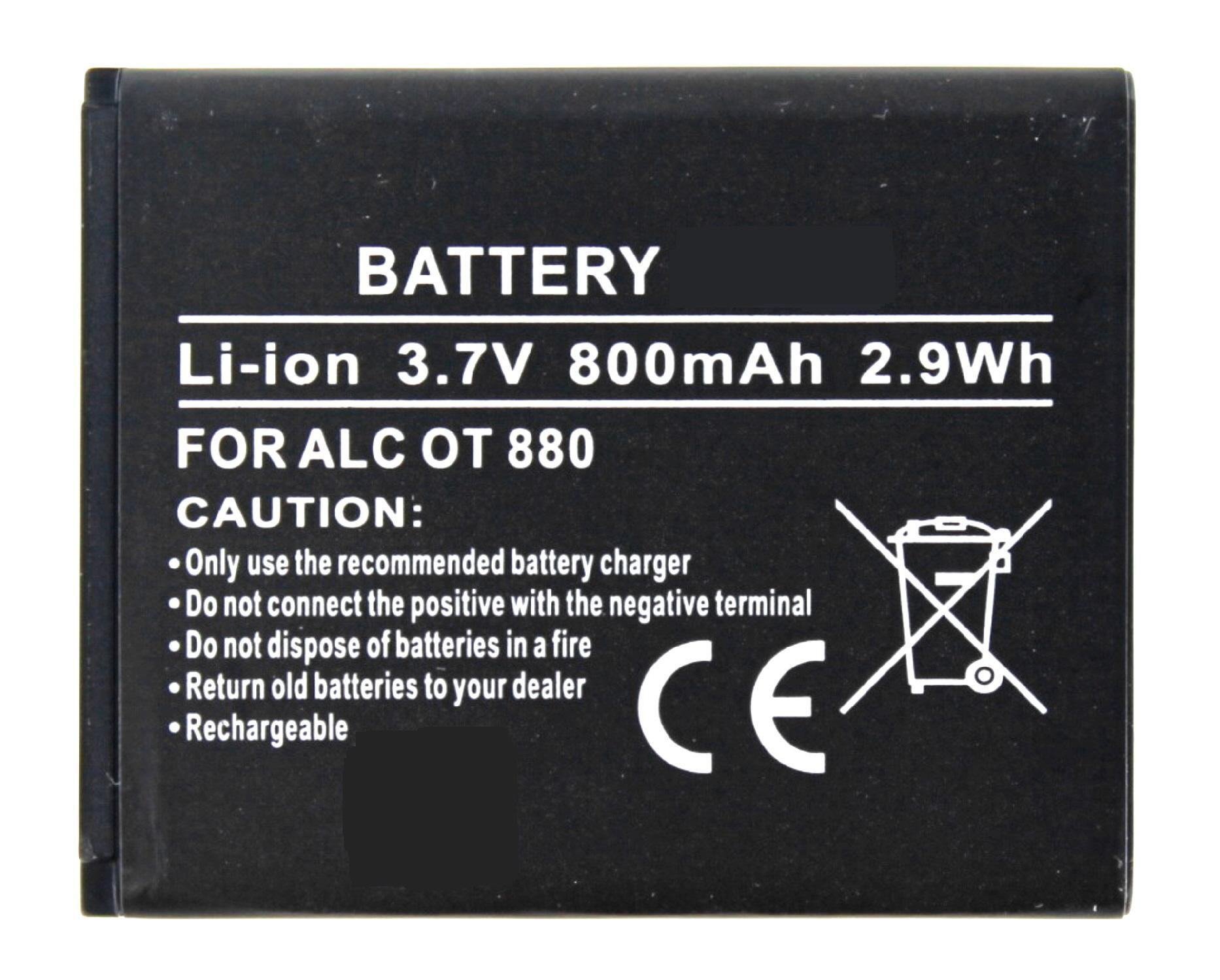 Schwarzer Akku mit Text: Li-Ion, 3,7V, 800mAh, FÜR ALC OT 880, und kein Entsorgungssymbol.