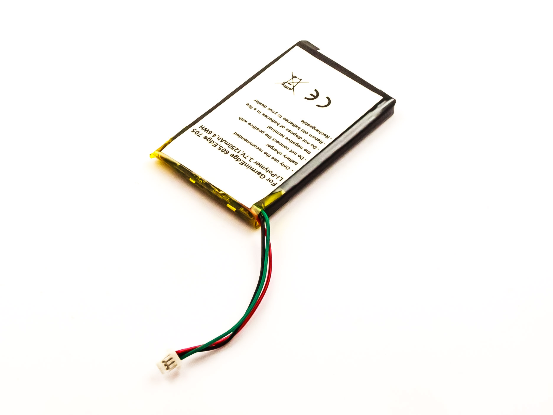 Kleine rechteckige Batterie, schwarz und gelb, mit Drähten und weißem Stecker. Weiß.