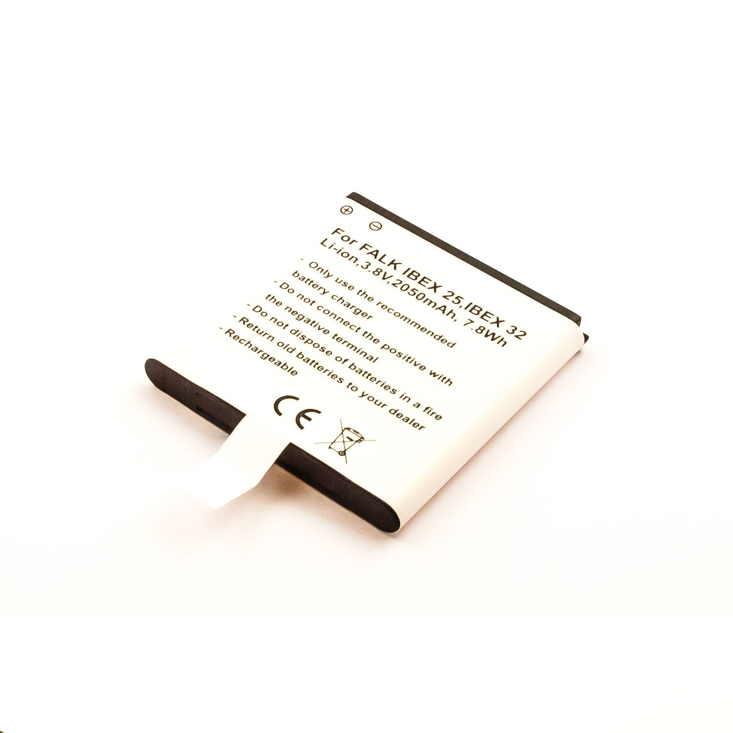 Weiße Batterie mit Text. Label: Falk IBEX 25. Schwarze Kanten. Weißer Hintergrund.
