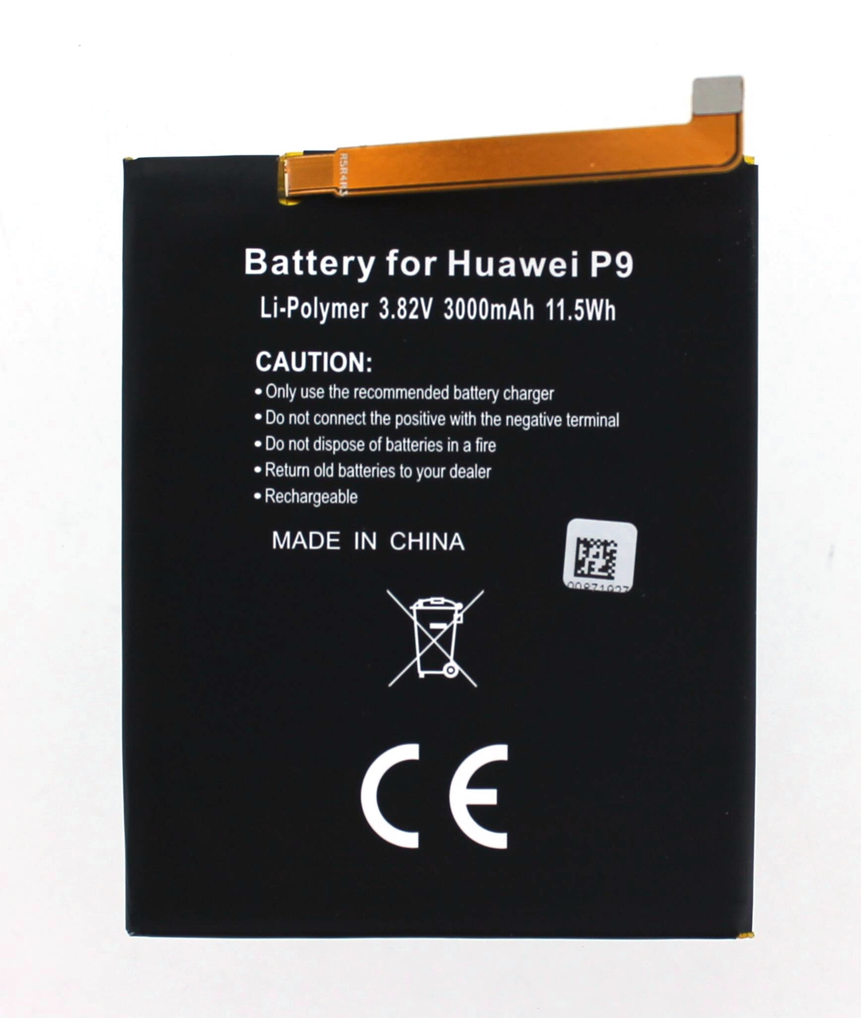 Schwarzer Akku für Huawei P9 mit Text, Warnungen und CE-Zeichen.