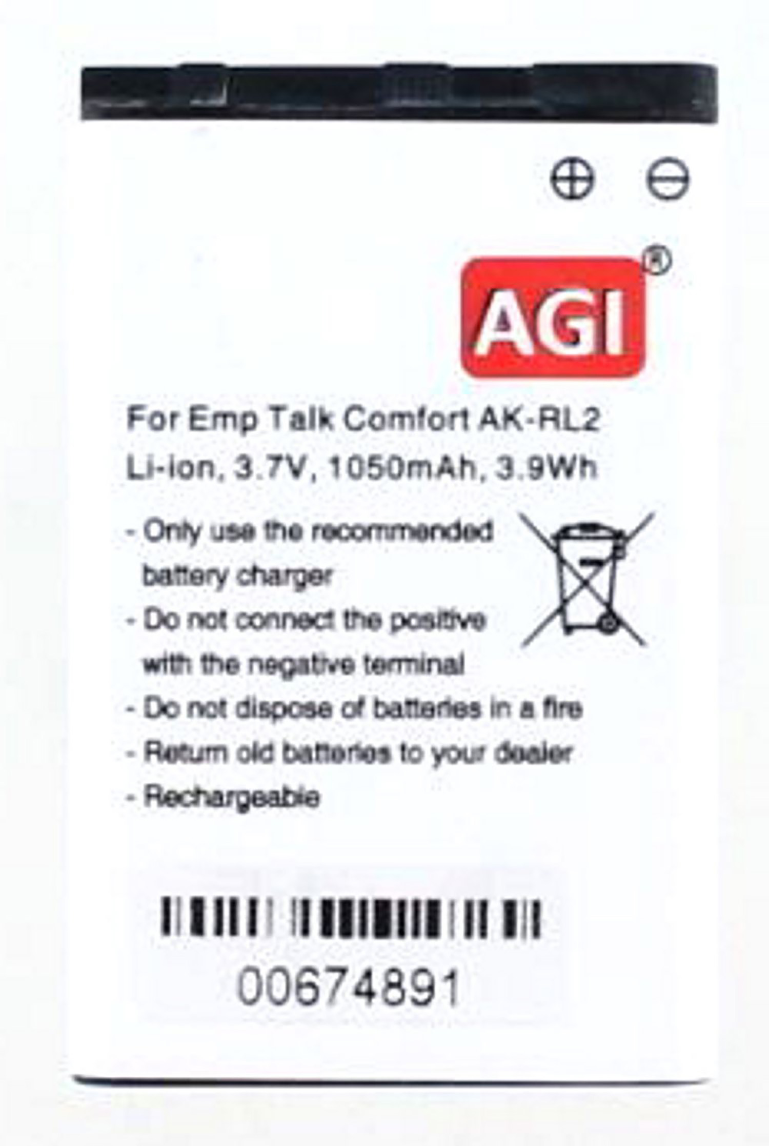 Weißer Akku mit schwarzem Text, Recycling-Symbol und Barcode. Auf weißer Oberfläche. Für Emp Talk AK-RL2.