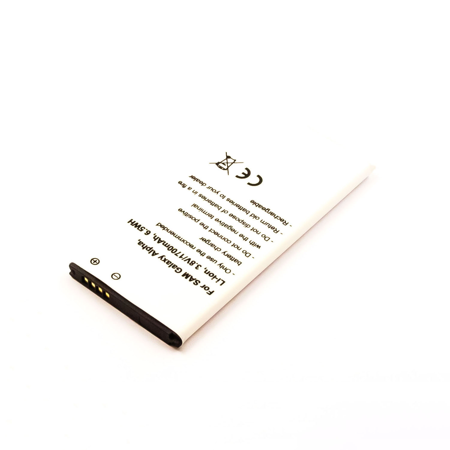 Weißer Akku mit schwarzen Details und Text.