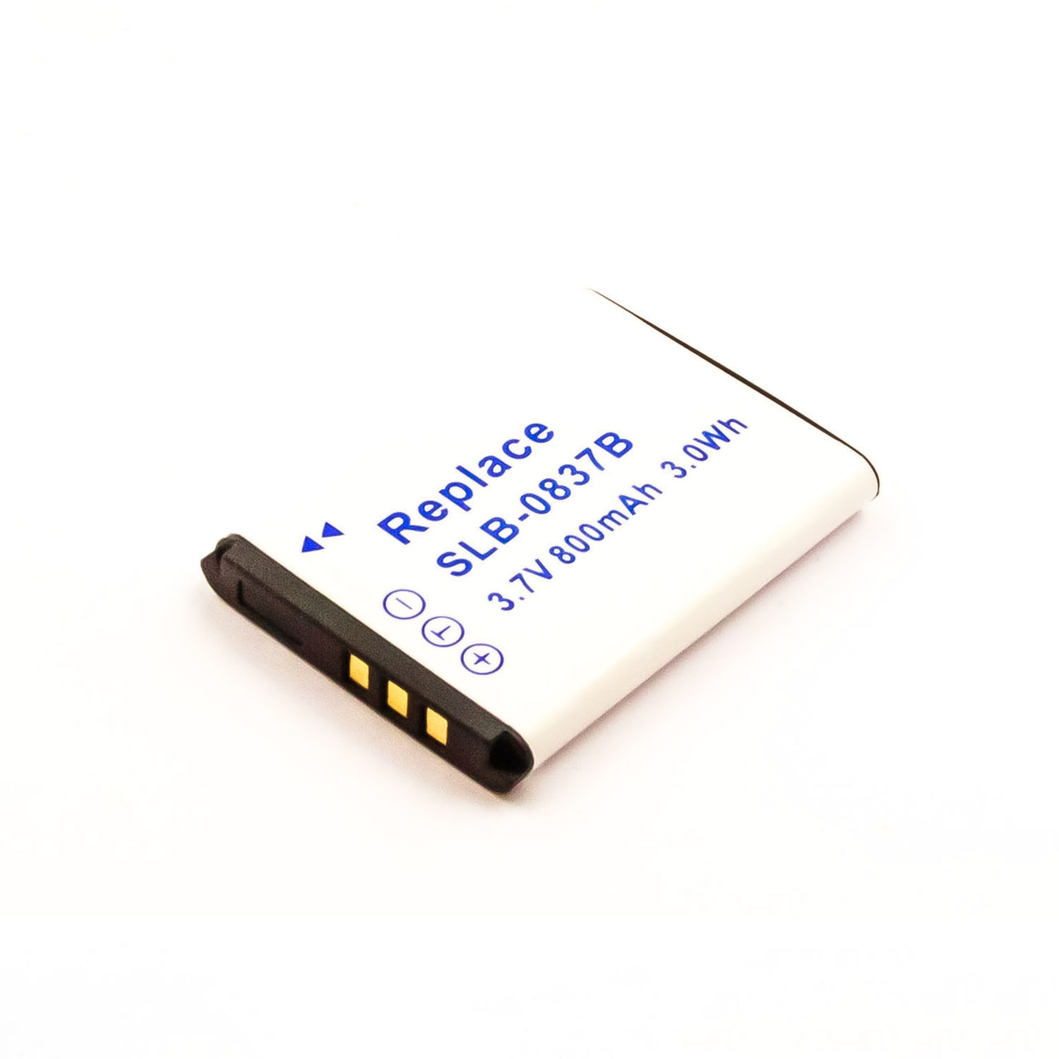 Kleine weiße Batterie mit schwarzen Kanten und Goldkontakten, mit schwarzem Text.