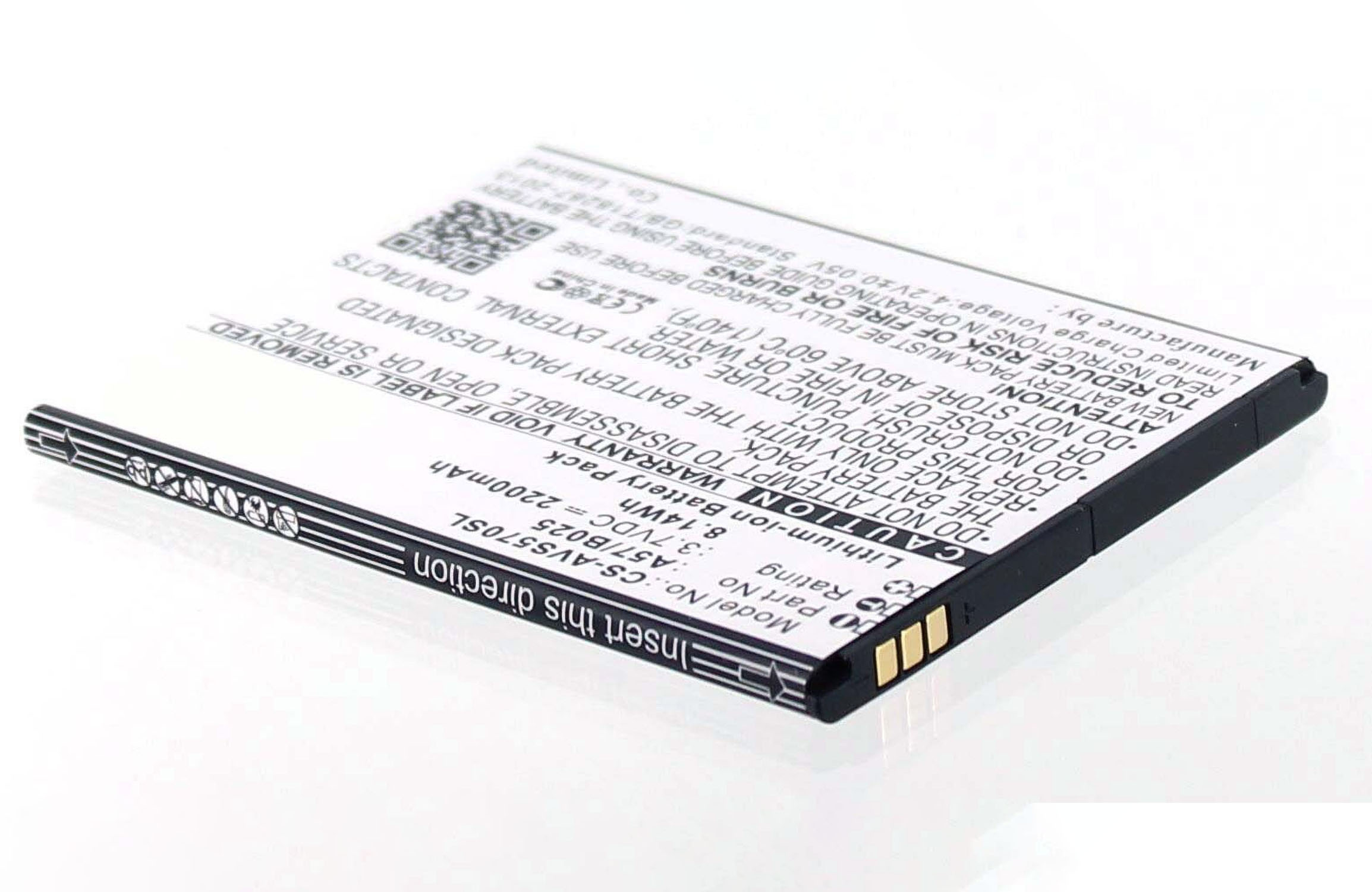 Schwarzer Akku mit Etikett. Text: Lithium-Ionen-Akku, 3,7 V, 2200 mAh, 8,14 Wh. Weißer Hintergrund.