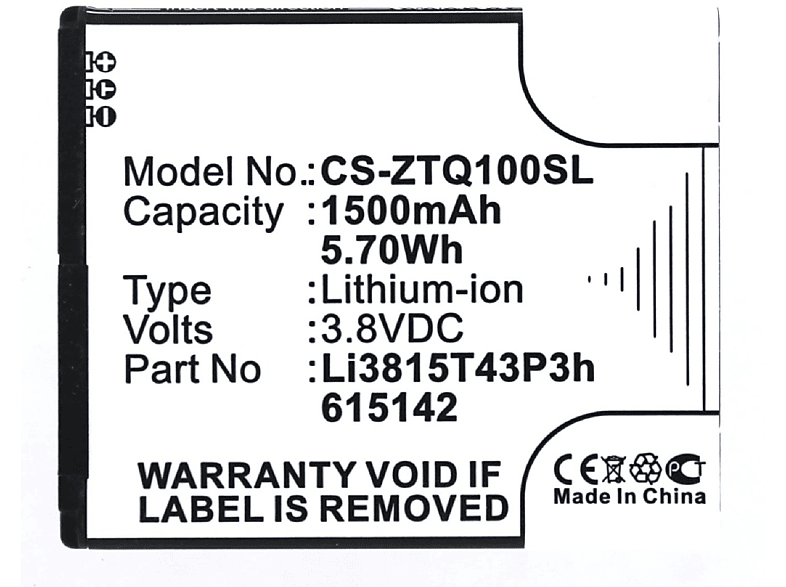 Volt, ZTE Akku MOBILOTEC 1500 mAh 3.8 mit Li-Ion Li-Ion, Akku, Li3815T43P3h615142 kompatibel