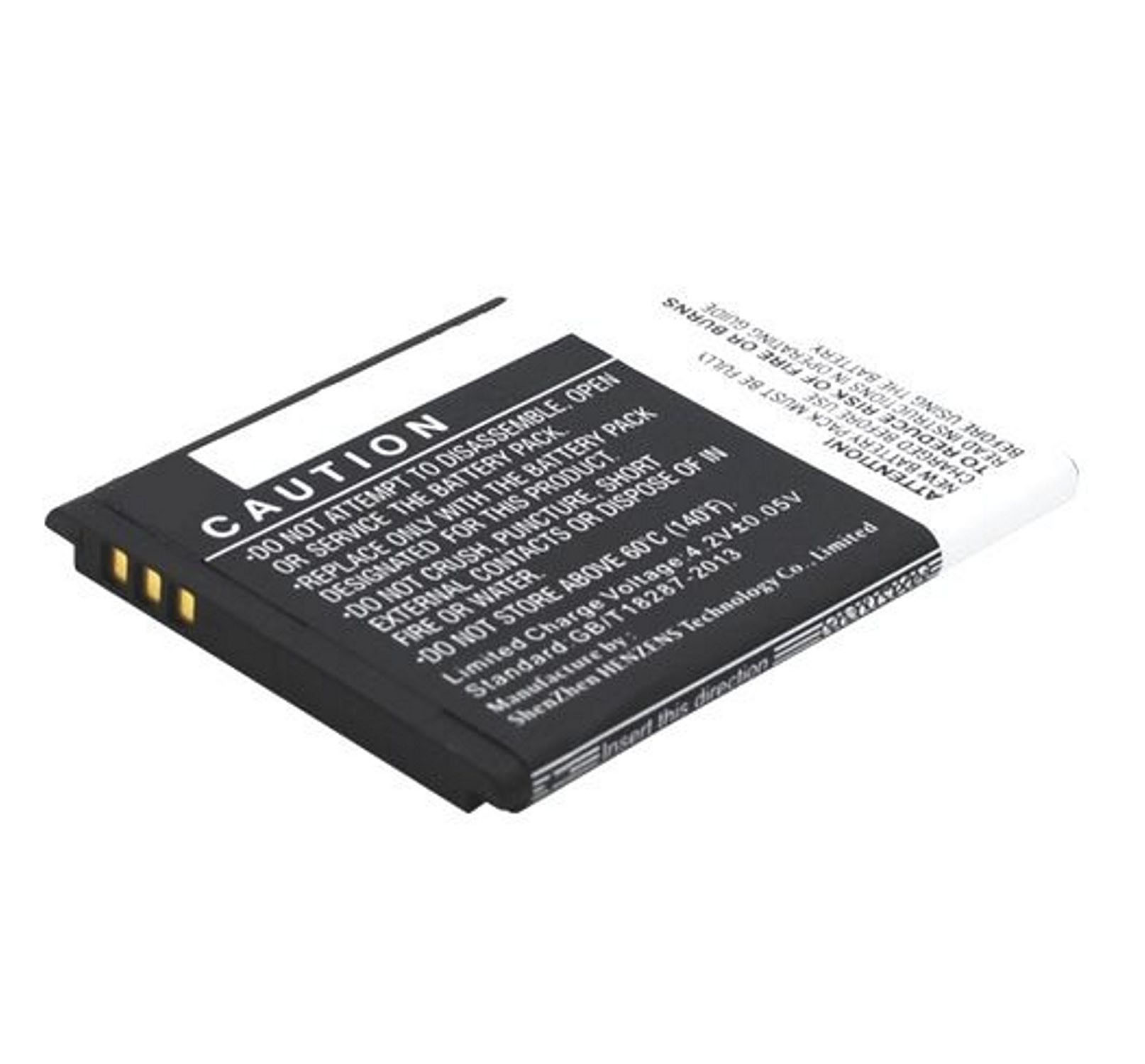 Schwarz-weiße Batterie mit Etiketten. Weißer Hintergrund. Vorsichtstext sichtbar. Winkelansicht.