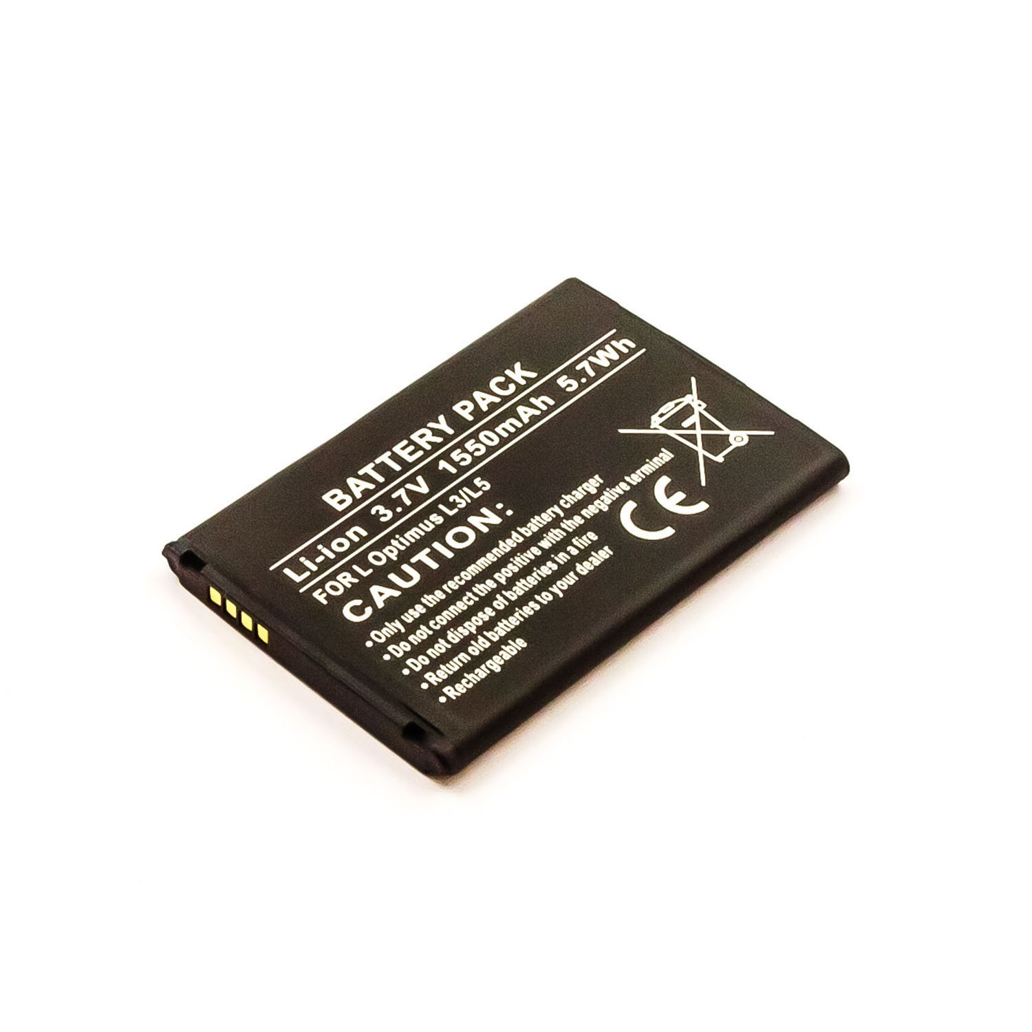 Schwarzes rechteckiges Batteriepack. Weißer Hintergrund. Text und Symbole sind sichtbar.
