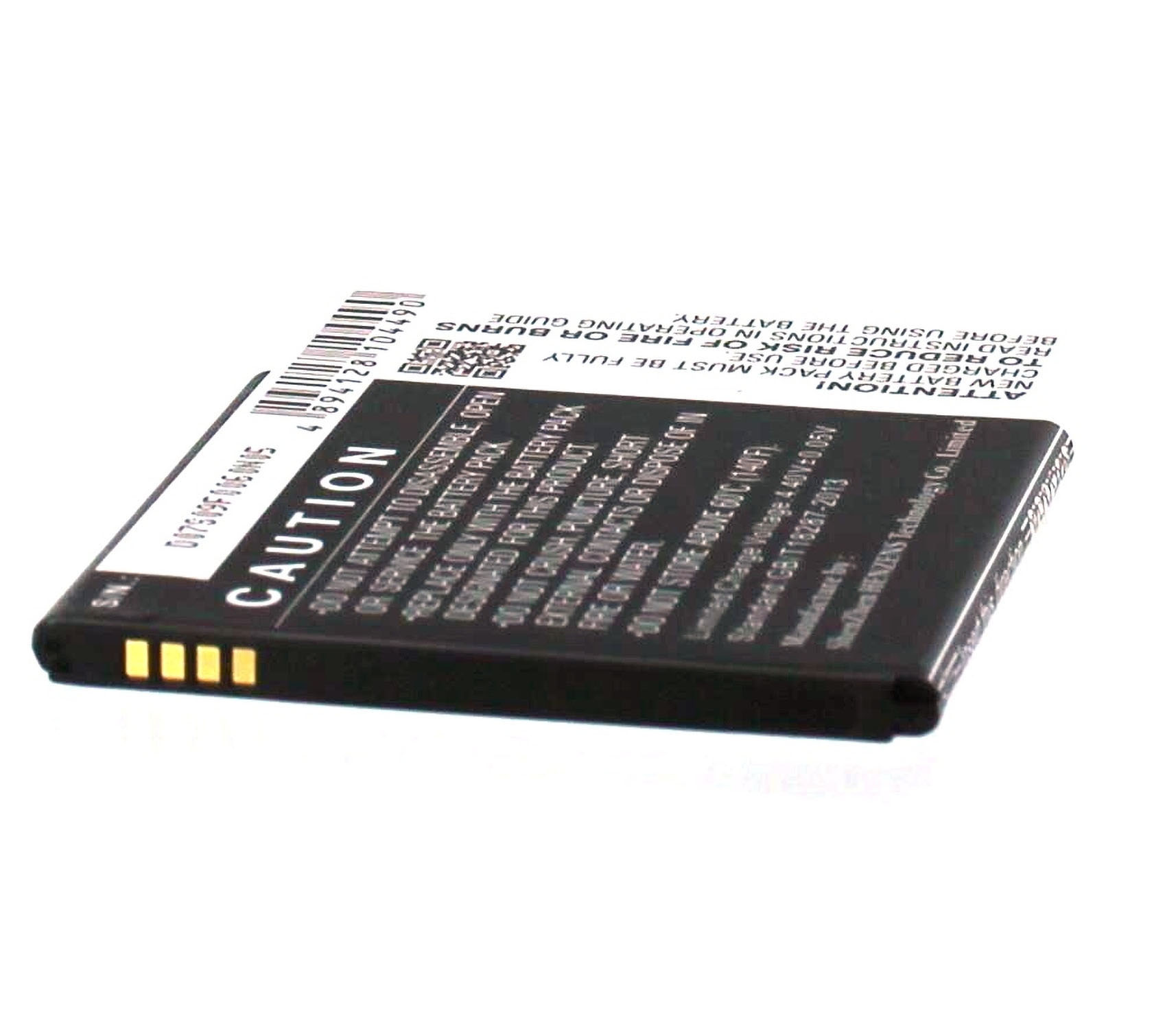 Schwarzer rechteckiger Akku mit Warnhinweisen. Weißer Hintergrund. Text und ein Barcode sind sichtbar.