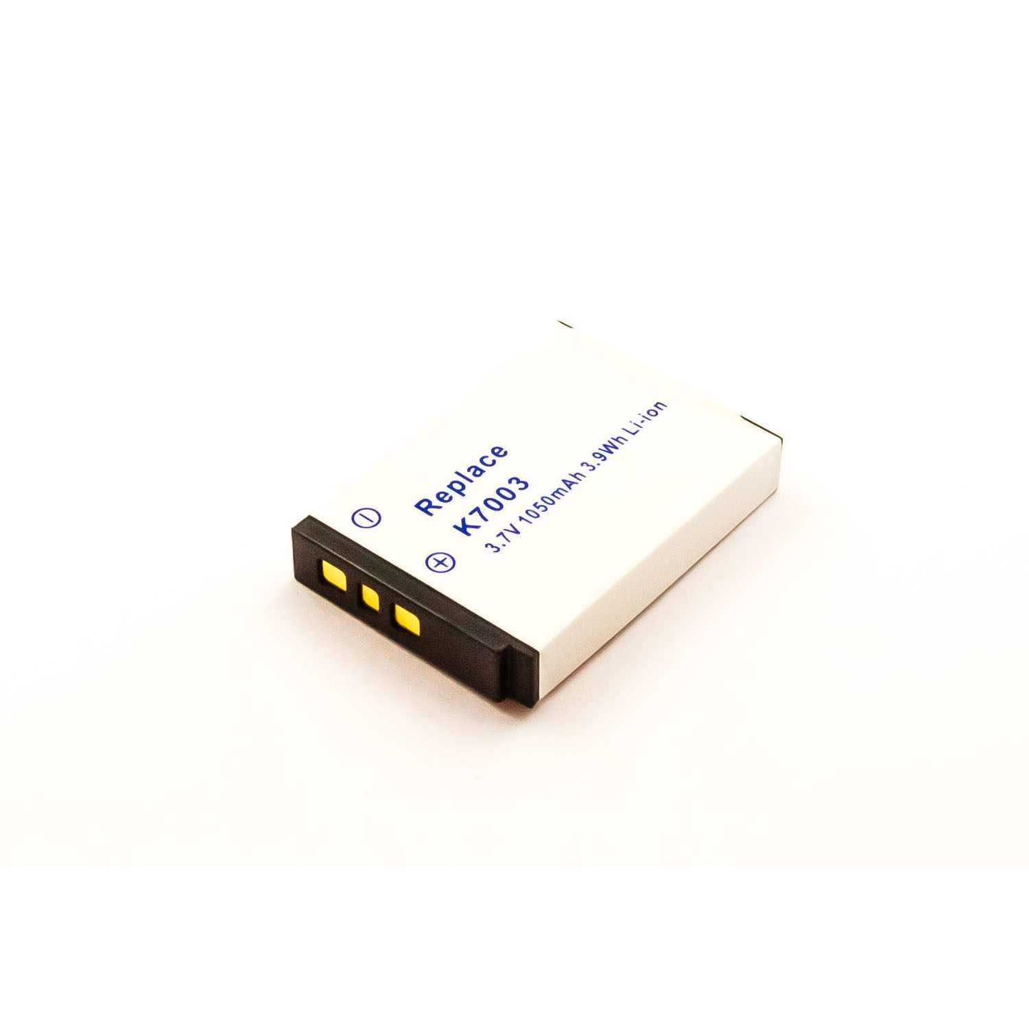 Weiße Batterie mit schwarzem Ende. Text: Replace, K7003, 3,7 V 1050 mAh 3,9 Wh. Weißer Hintergrund.
