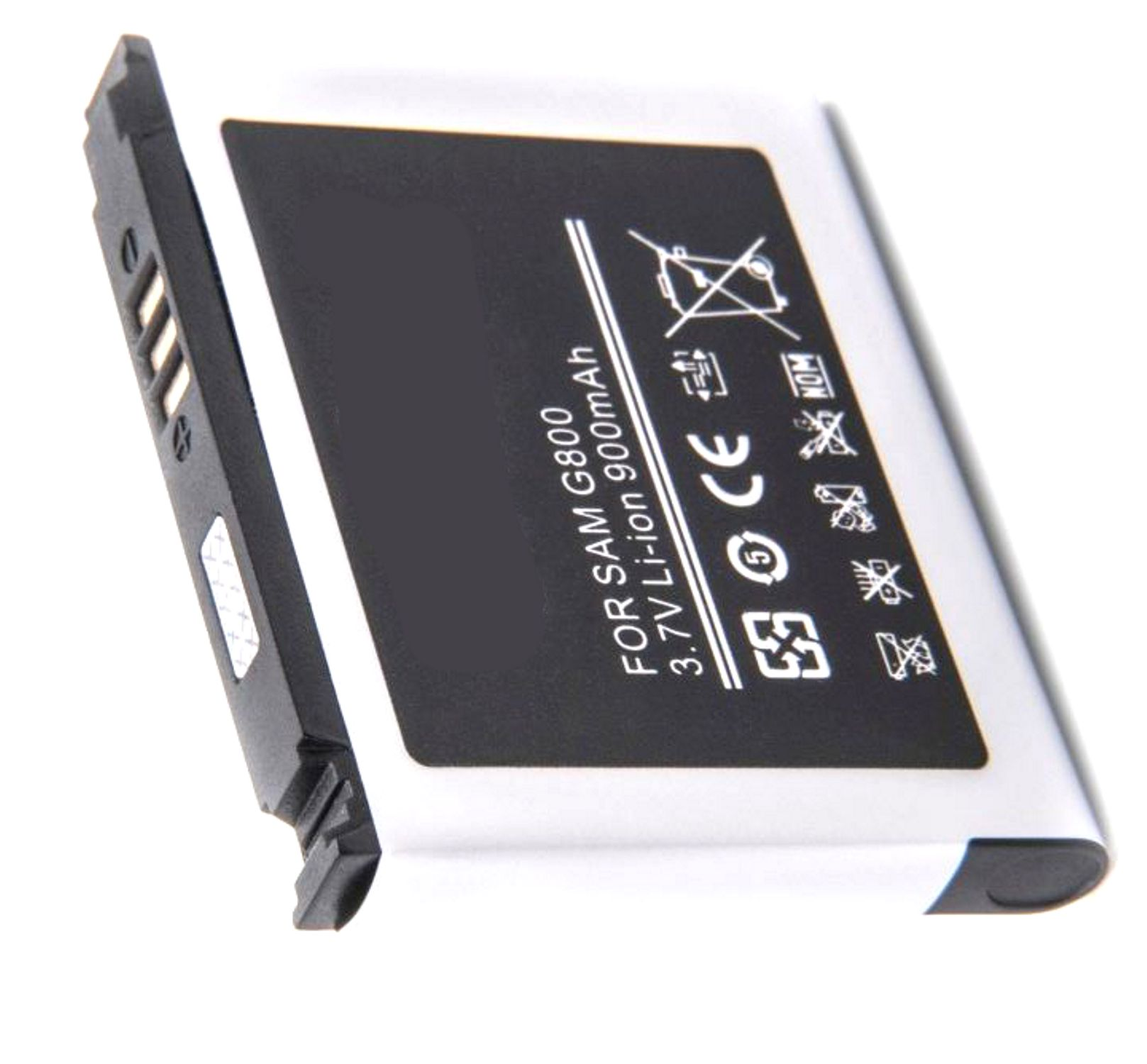 Schwarz-silberne Batterie für Sam G800 Telefon auf weißem Hintergrund, mit Text.