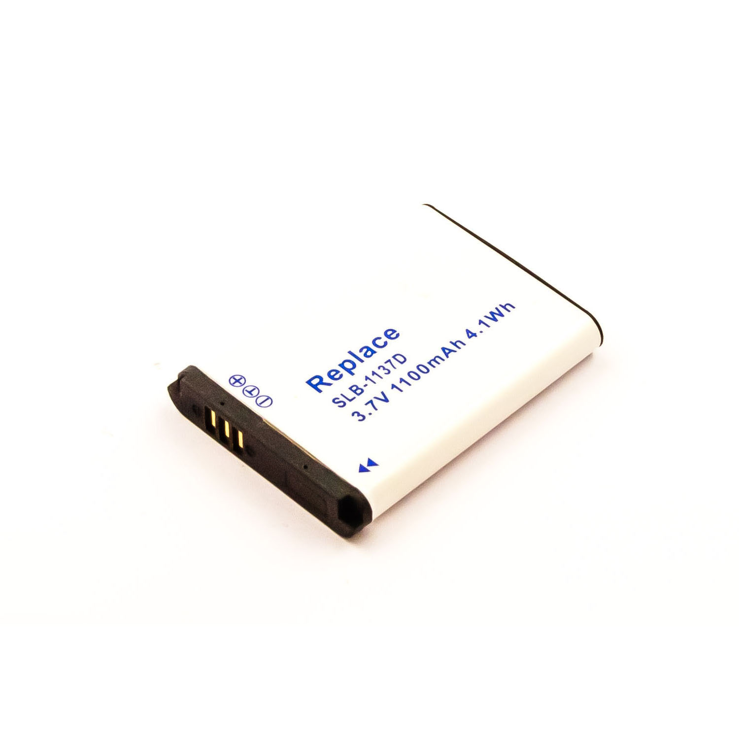 Weiße Batterie mit schwarzem Ende und gelben Kontakten. Sie hat ein blaues Etikett.