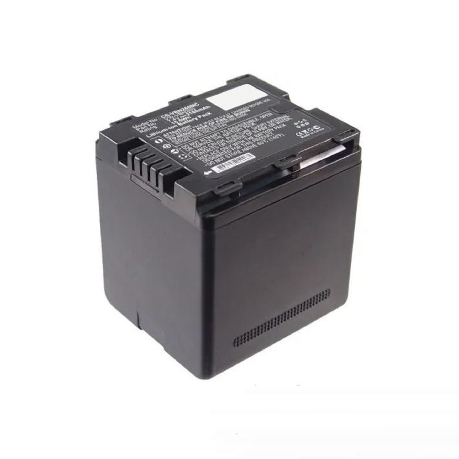 Ein schwarzes Akku-Pack auf weißem Hintergrund, mit Etiketten und Stecker.