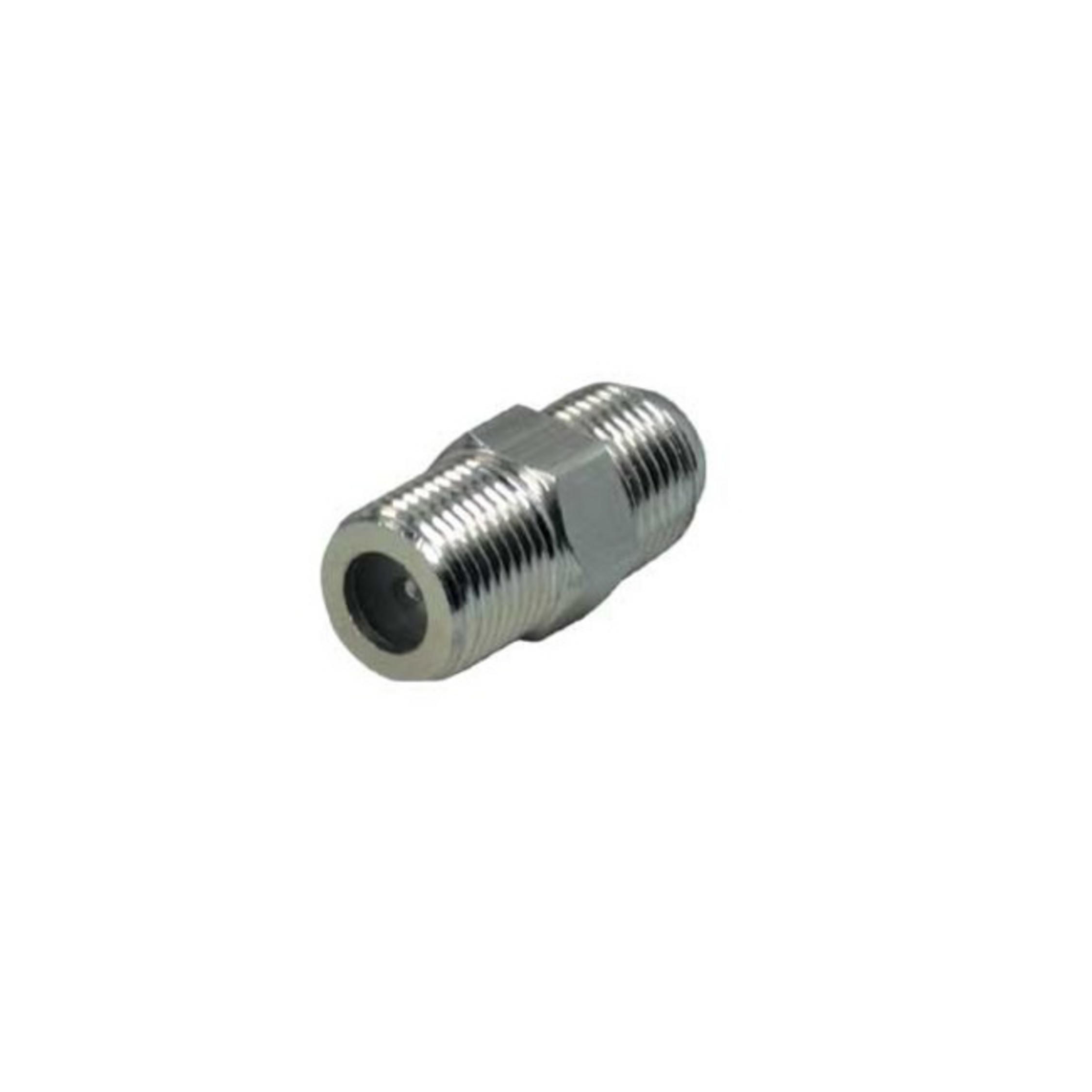 Metallischer Stecker mit Gewinde. Weißer Hintergrund.
