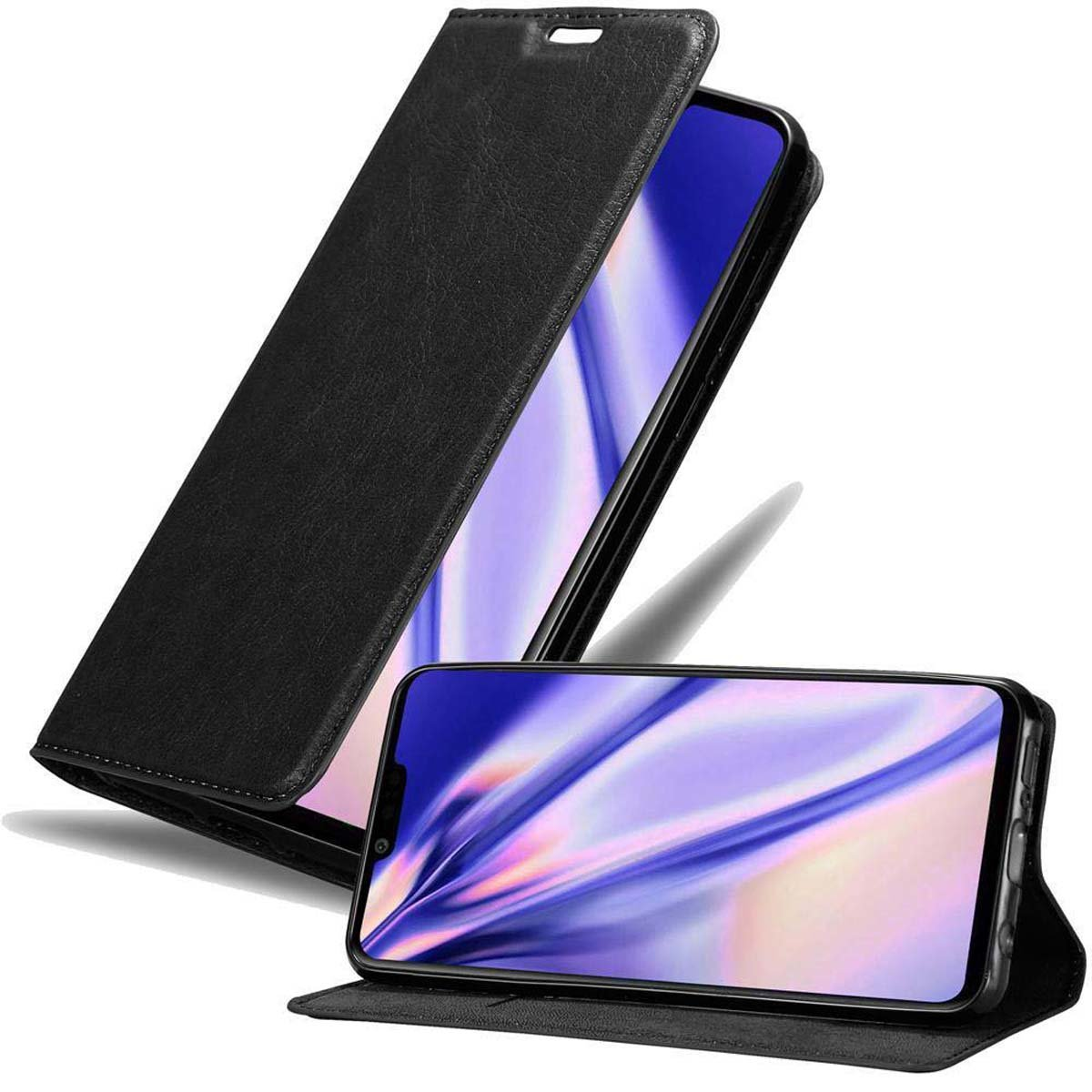 Ein schwarzes Telefon in einer schwarzen Hülle, offen. Der Bildschirm zeigt ein lila und blaues Bild.