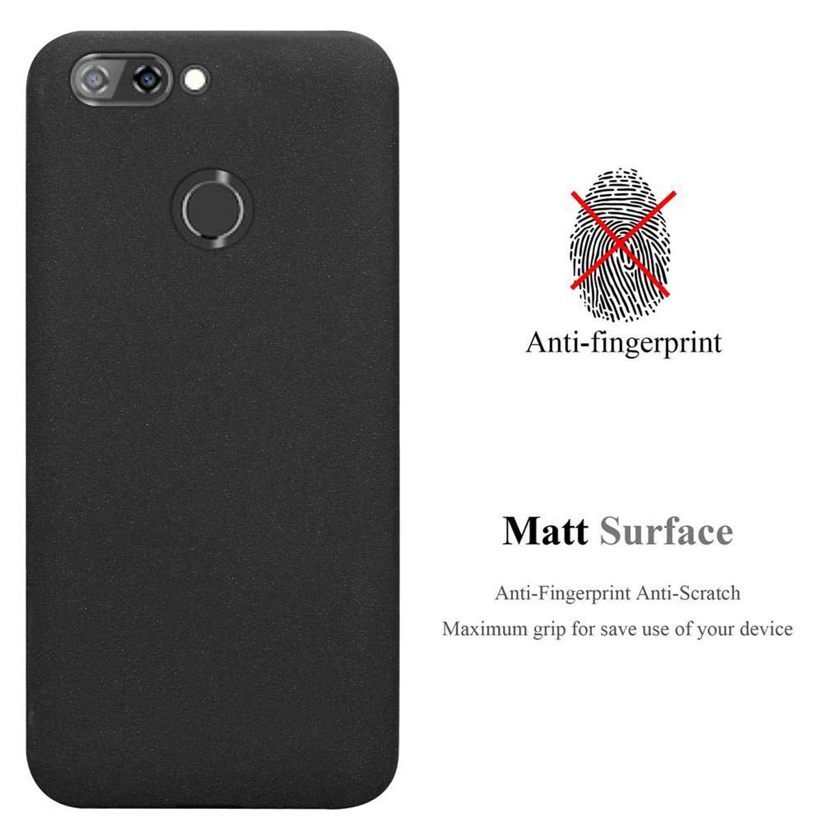 Custodia per telefono nera con fotocamera e simbolo dell'impronta digitale. Testo: anti-impronta, superficie opaca, antigraffio.
