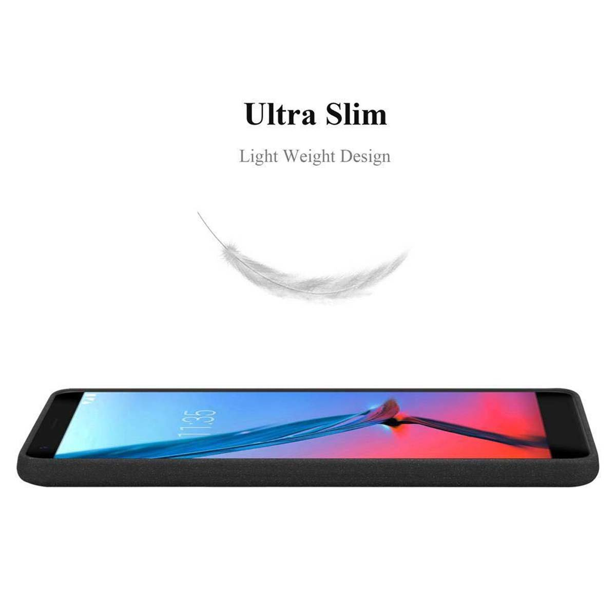 Una custodia nera per telefono e un telefono. Lo schermo del telefono mostra le icone. Il testo sopra recita 'Ultra Slim'.