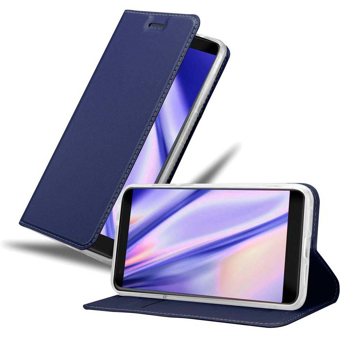 Blaue Handyhülle mit Telefon, schräg auf weißem Hintergrund.