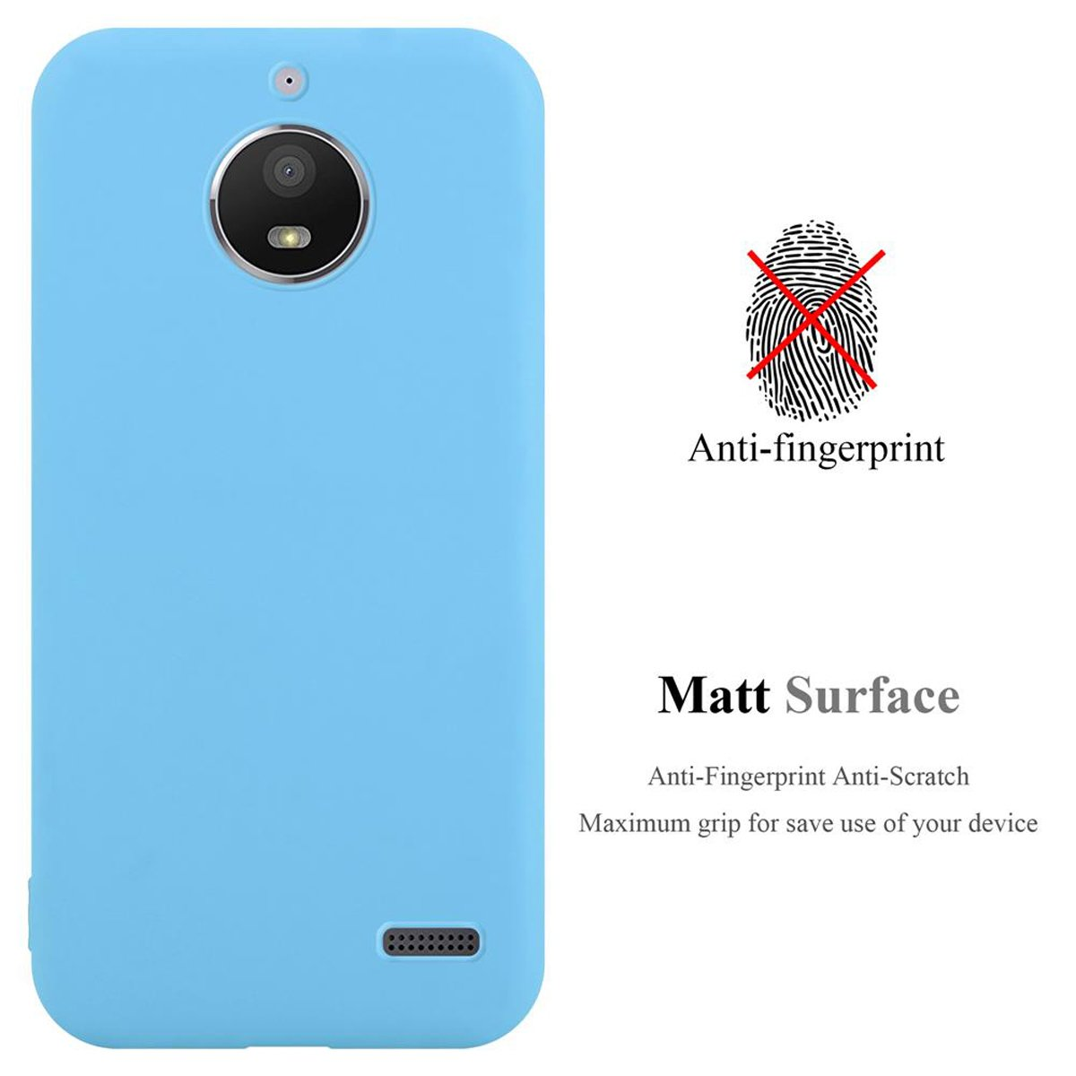 Custodia per telefono blu chiaro. Un simbolo di impronta digitale con una X rossa. Testo: Anti-impronte, superficie opaca.