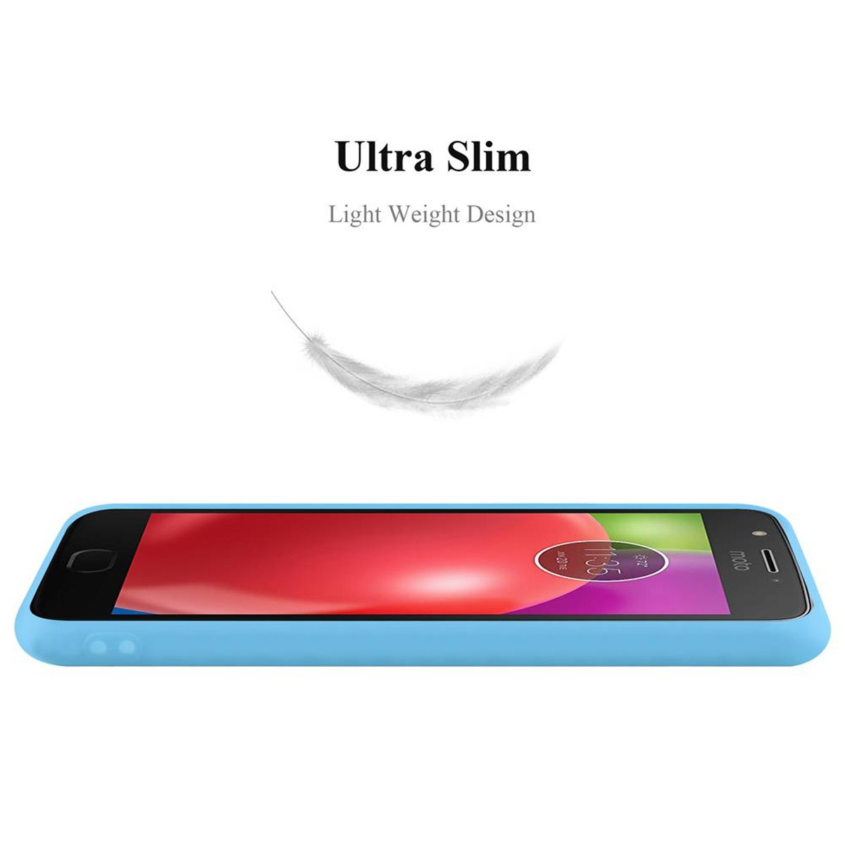 Custodia blu per telefono con telefono. La custodia recita 'Ultra Slim'. Custodia azzurra, telefono rosa.
