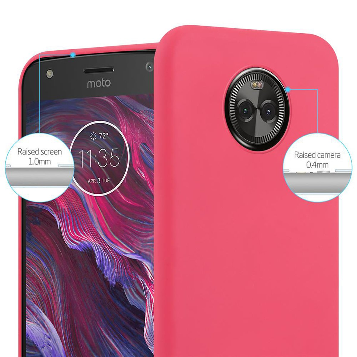 Uno smartphone rosa in una custodia, con schermo e fotocamera rialzati. Lo schermo mostra 11:35.