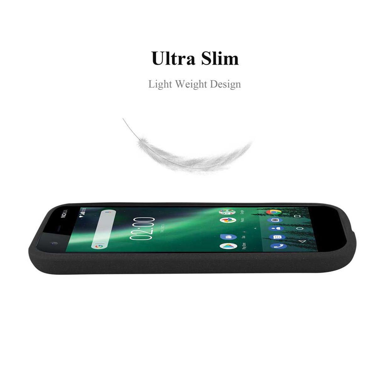 Telefono nero con schermo che mostra app e una piuma bianca sopra.