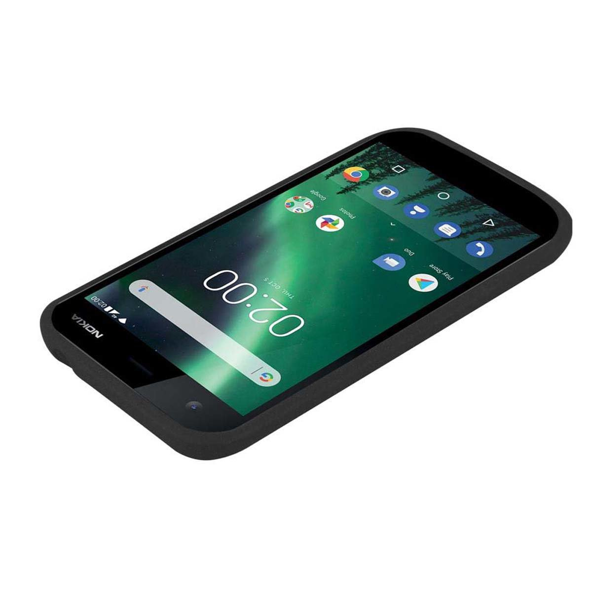 Telefono nero con schermo che mostra 02:00, con icone delle app.