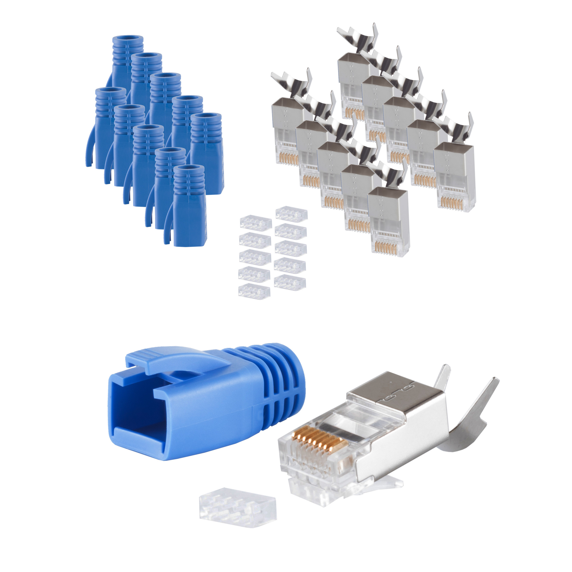 Blaue und transparente RJ45-Stecker und -Stiefel mit weißem Hintergrund.