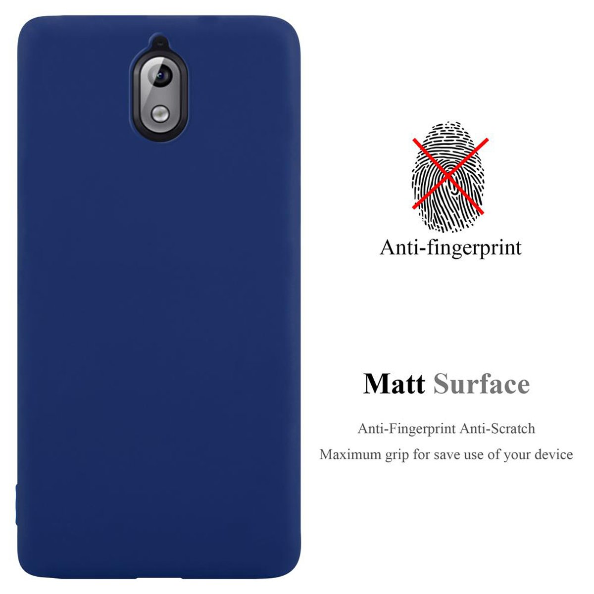 Una custodia per telefono blu con una fotocamera e un simbolo di impronta digitale. La custodia ha una superficie opaca.