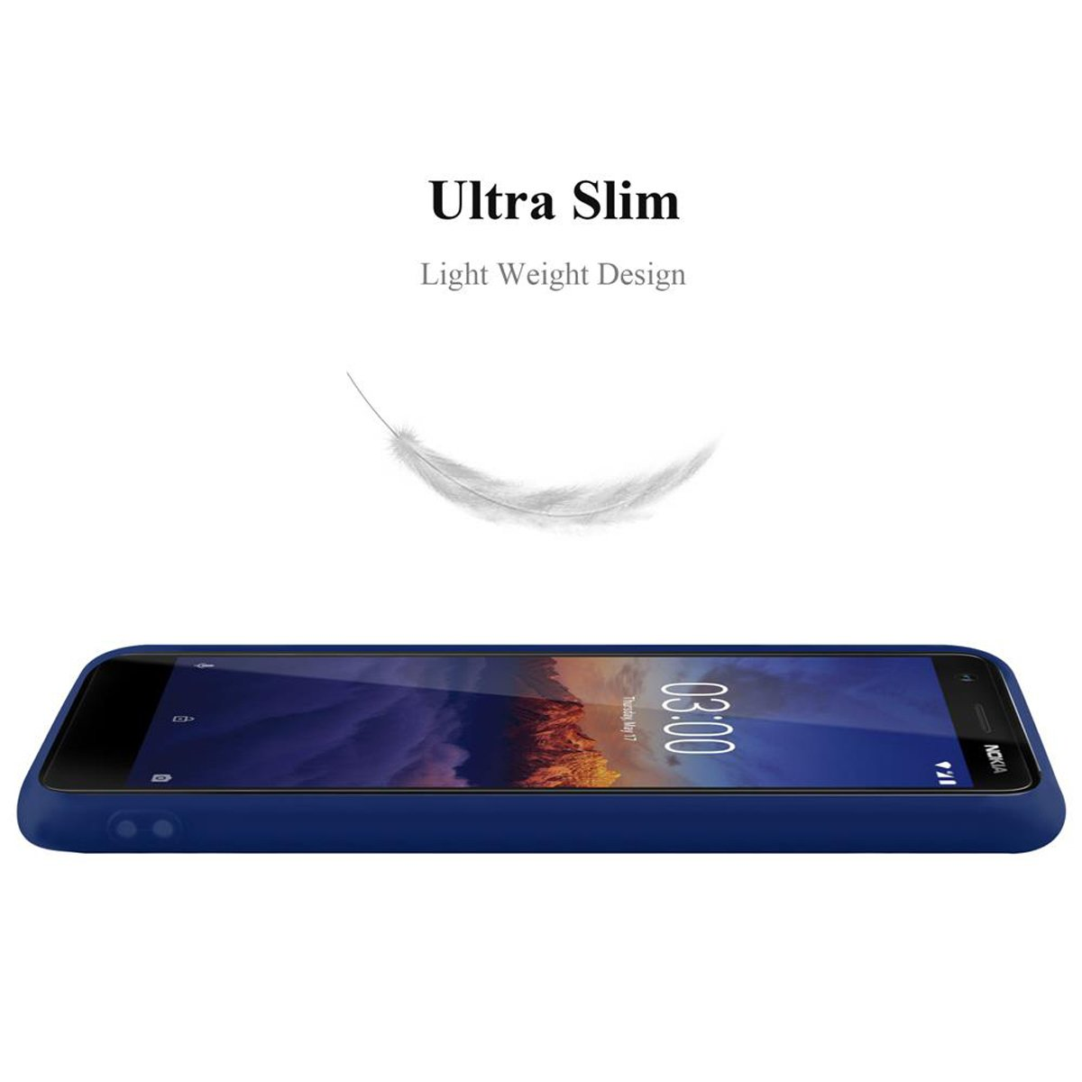 Un telefono blu con schermo nero, con un'illustrazione di piuma e le parole 'Ultra Slim'.