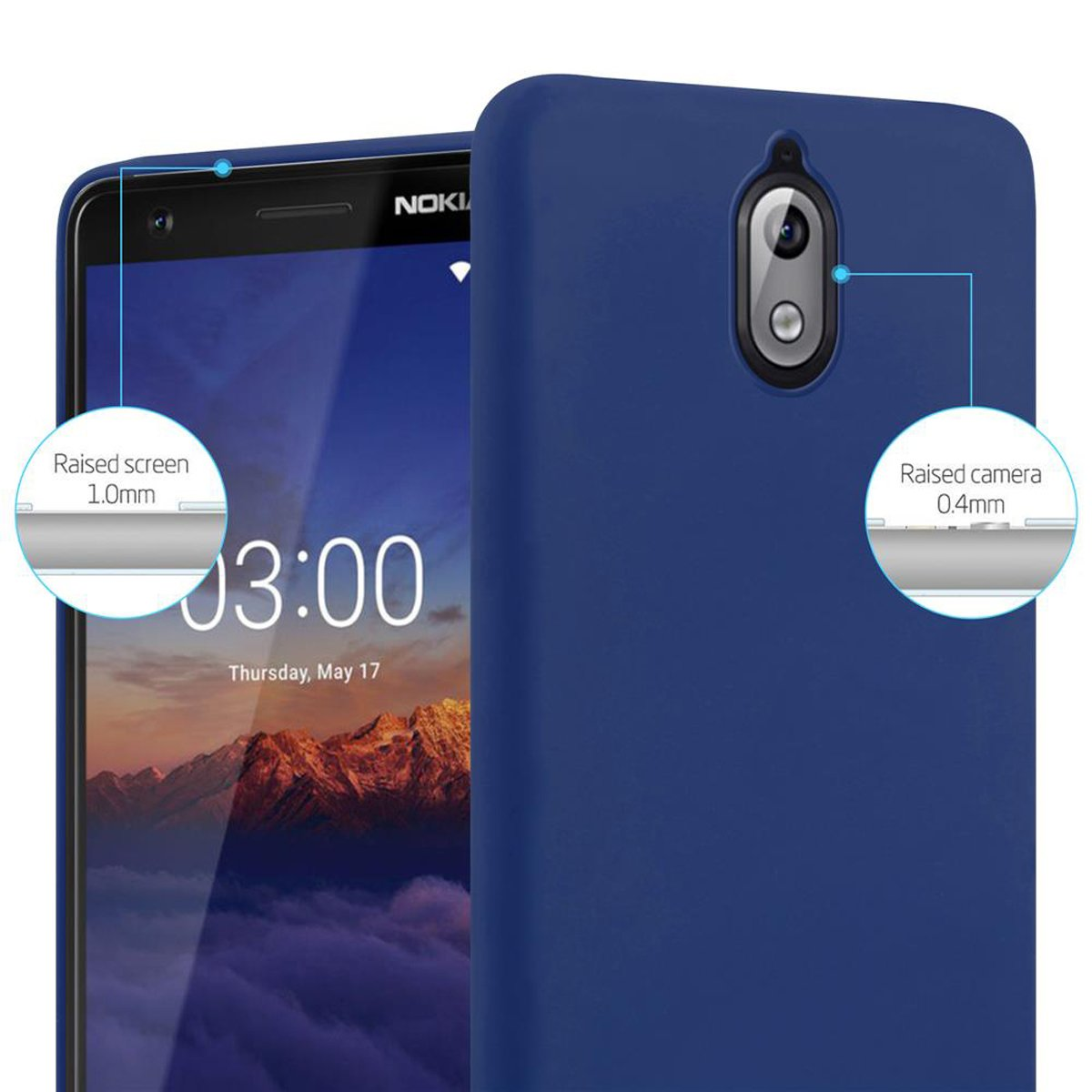 Custodia blu per telefono con un telefono Nokia all'interno. Schermo rialzato e dettagli della fotocamera sono evidenziati.
