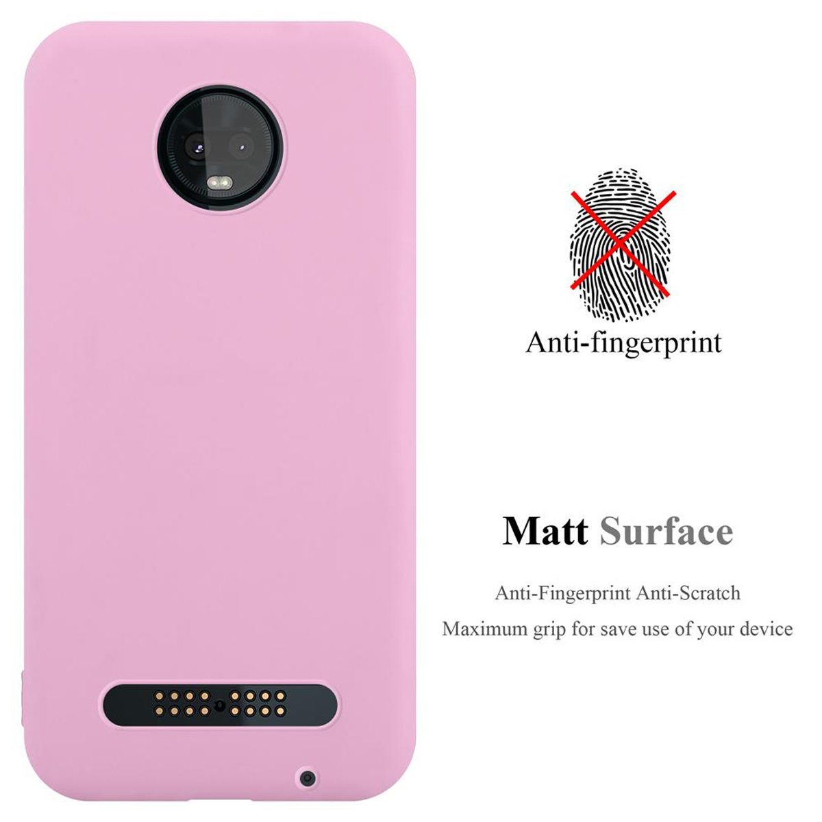 Custodia rosa per telefono con fotocamera e design a impronte digitali.