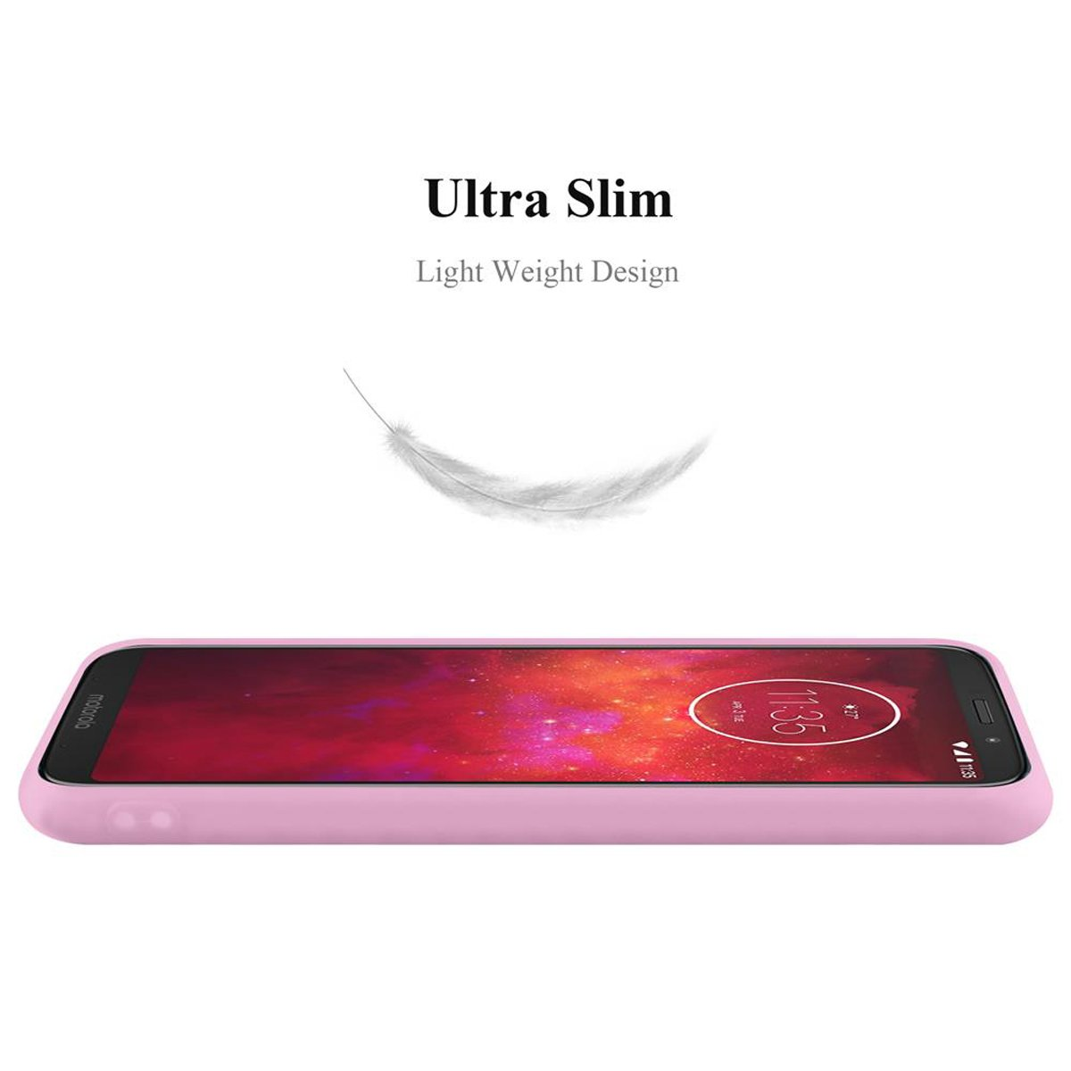 Telefono rosa su superficie bianca con piuma bianca, testo: Ultra Slim, Light Weight Design.