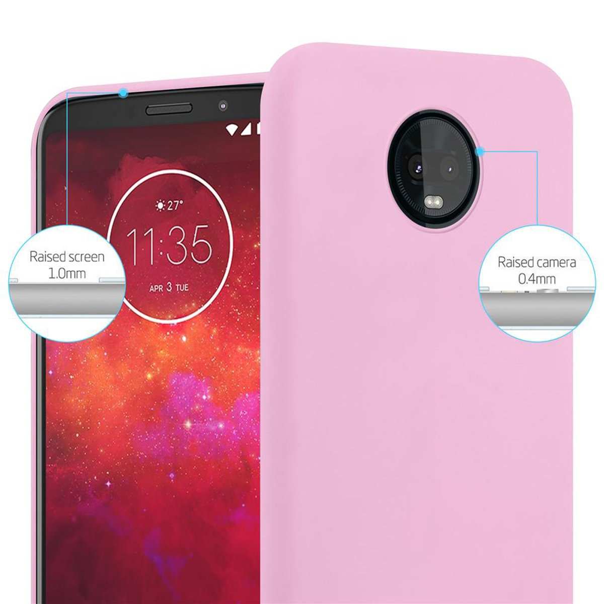 Custodia rosa per telefono su un telefono che mostra l'ora. Il testo descrive lo schermo e la fotocamera rialzati.