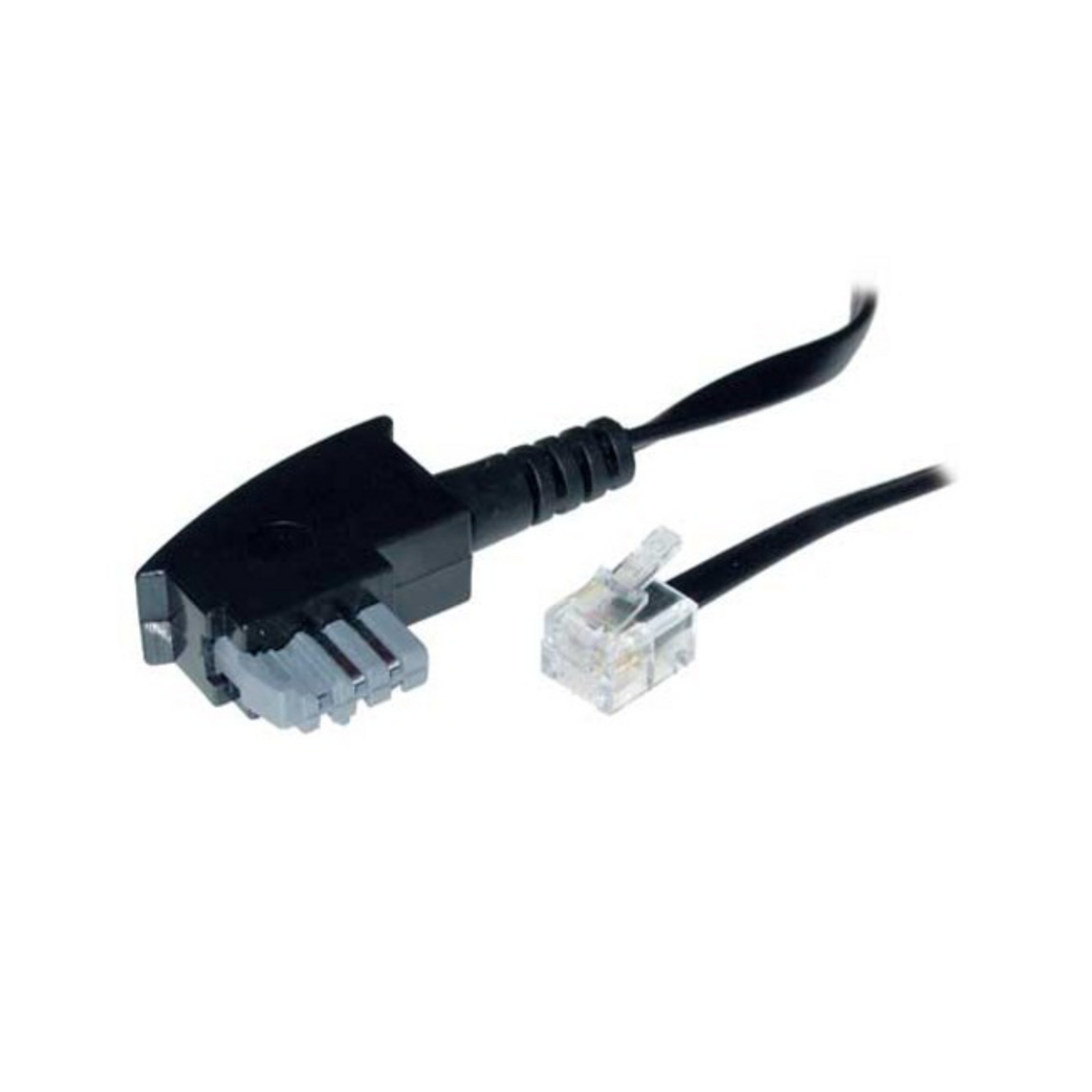 Schwarzes Telefonkabel mit zwei Steckern auf weißem Grund.
