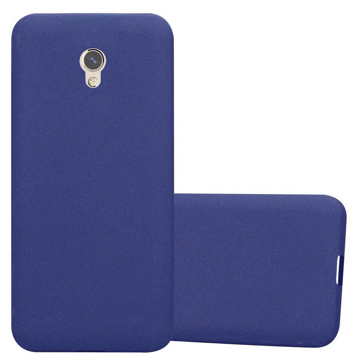 Dos fundas azules para teléfono. Una está de pie y la otra tumbada.