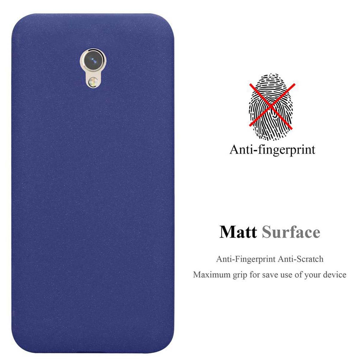 Funda de teléfono azul con texto anti-huellas y anti-arañazos.