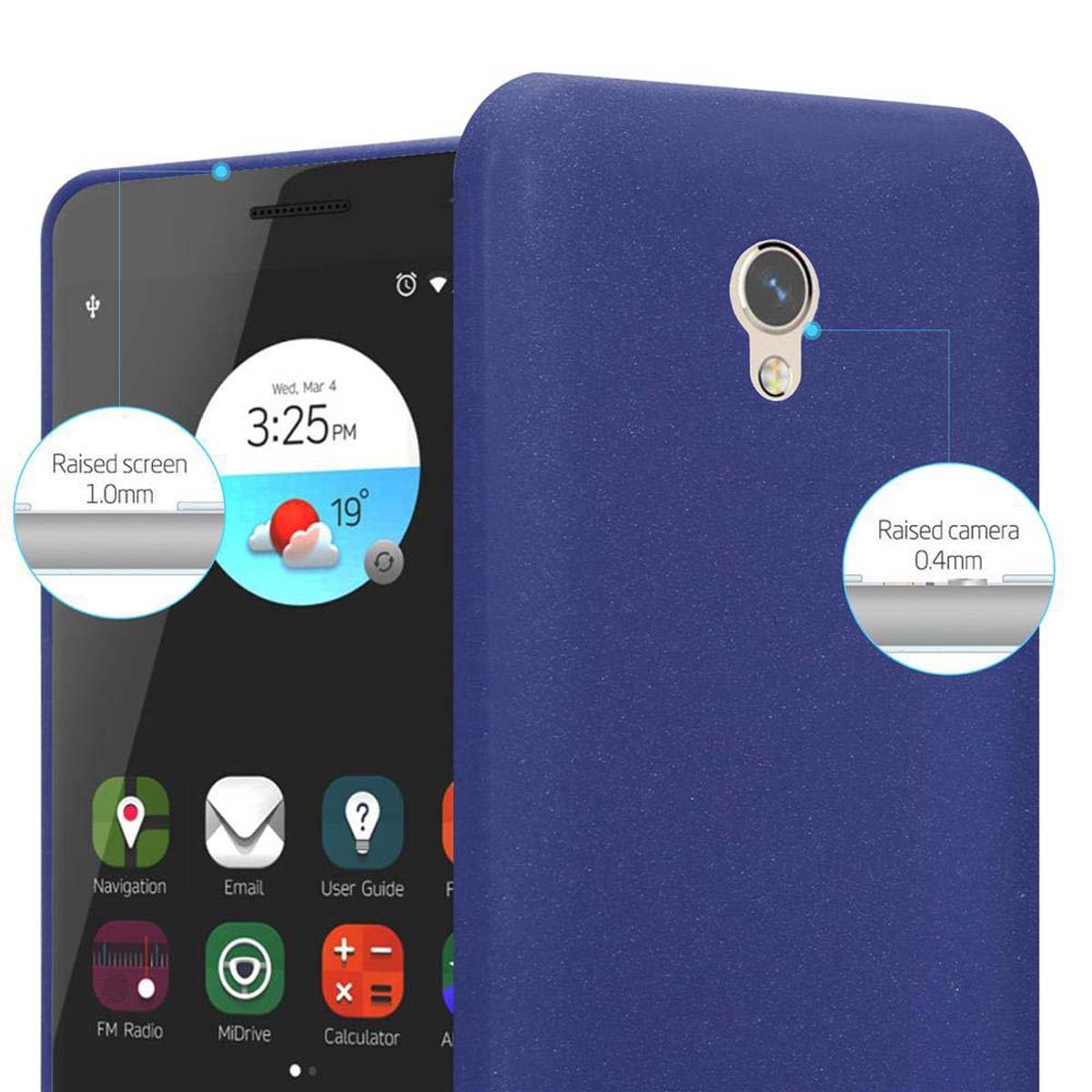 Un teléfono azul con una pantalla que muestra la fecha y la hora. Incluye iconos y una funda azul.