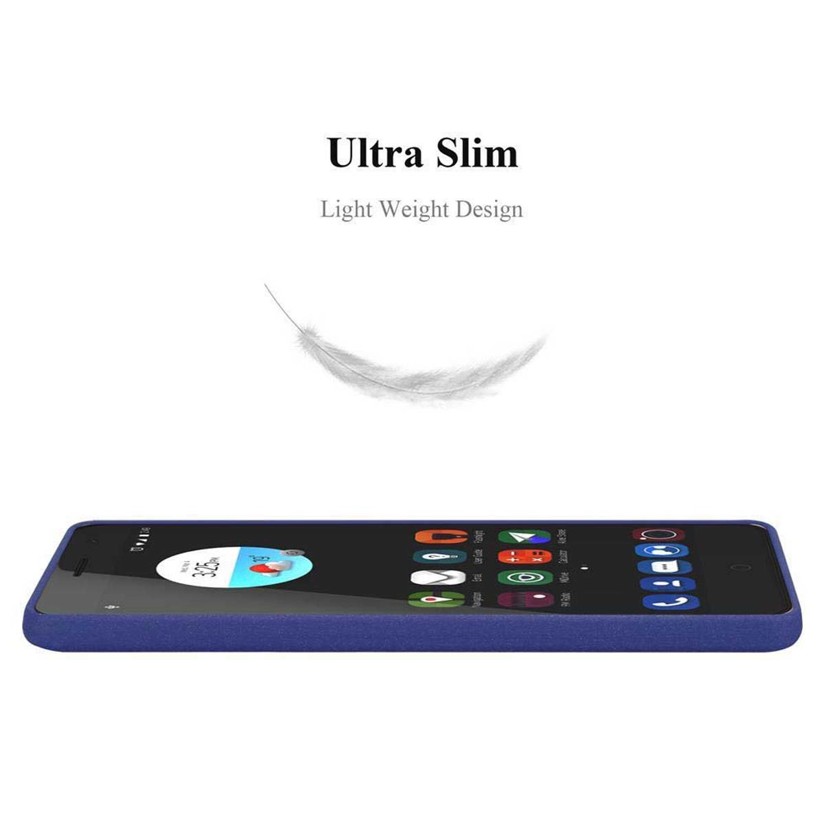 Una funda de teléfono azul y un teléfono. La pantalla del teléfono muestra iconos. El texto superior dice 'Ultra Slim'.