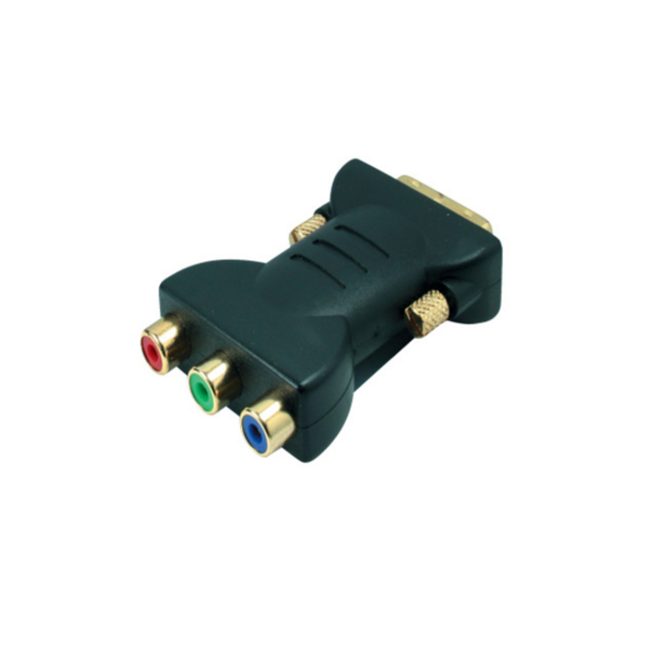 Schwarzer Cinch-zu-VGA-Adapter. Er hat rote, grüne und blaue Anschlüsse. Er liegt auf weißem Hintergrund.
