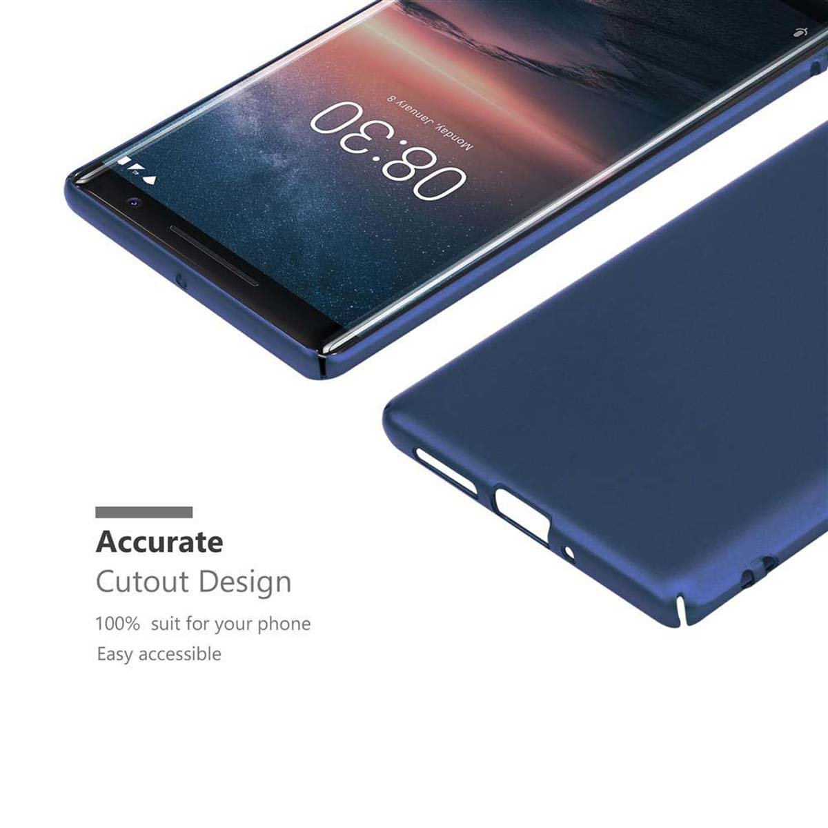 Blaue Handyhülle und Telefon, mit Text über präzises Ausschnittdesign.