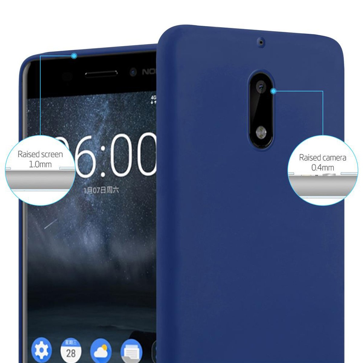 Una custodia blu per telefono con un telefono all'interno, che mostra l'ora. Gli inserti mostrano lo schermo e la fotocamera rialzati.