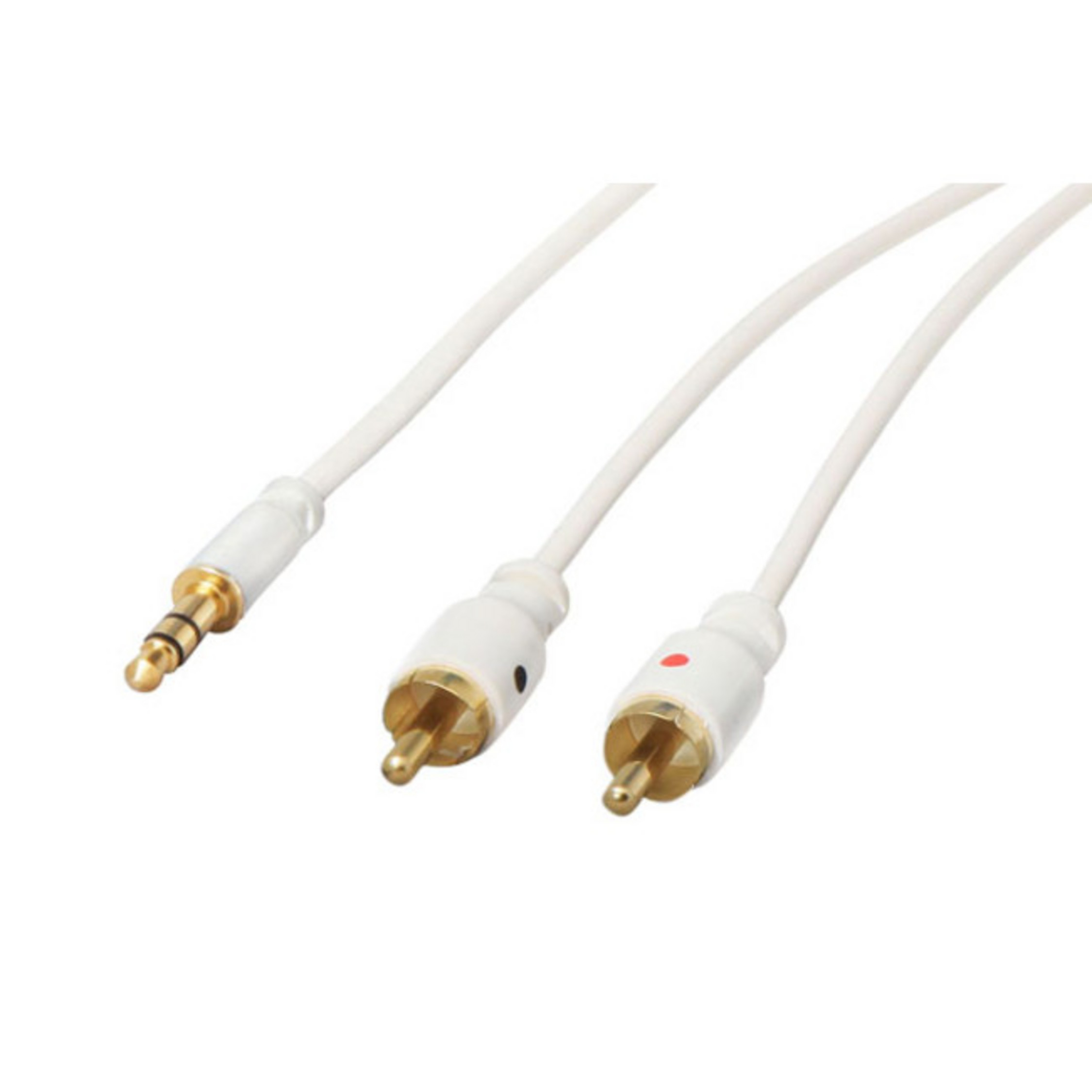 Ein weißes Kabel mit einem 3,5-mm-Klinkenstecker und zwei Cinch-Anschlüssen. Der Hintergrund ist weiß.