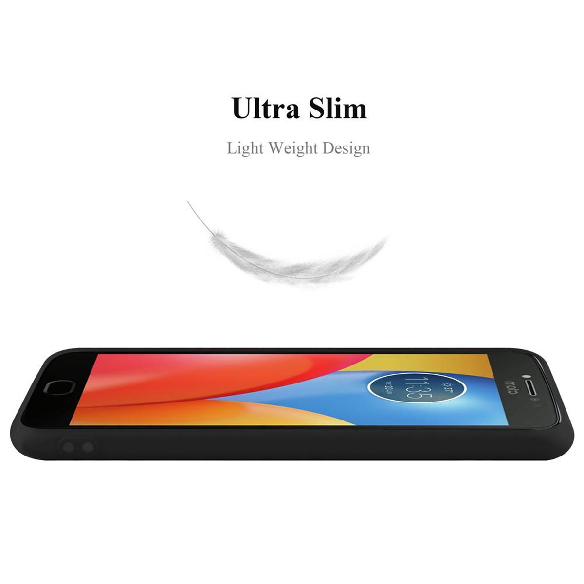 Telefono nero in custodia. Testo 'Ultra Slim' e piuma su sfondo bianco.