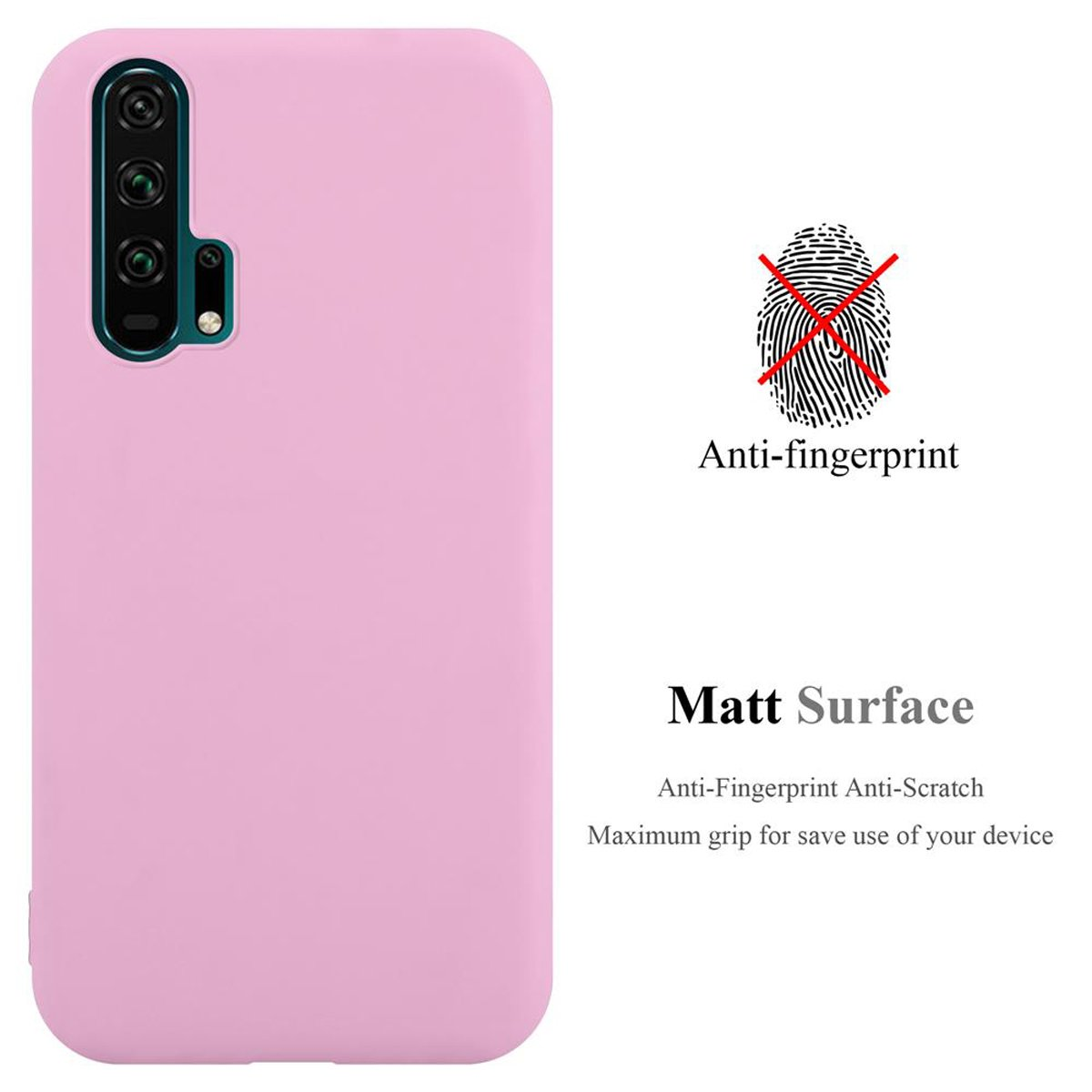 Una custodia per telefono rosa con il testo "Matt Surface" e "Anti-impronte". Un'impronta digitale è sbarrata.