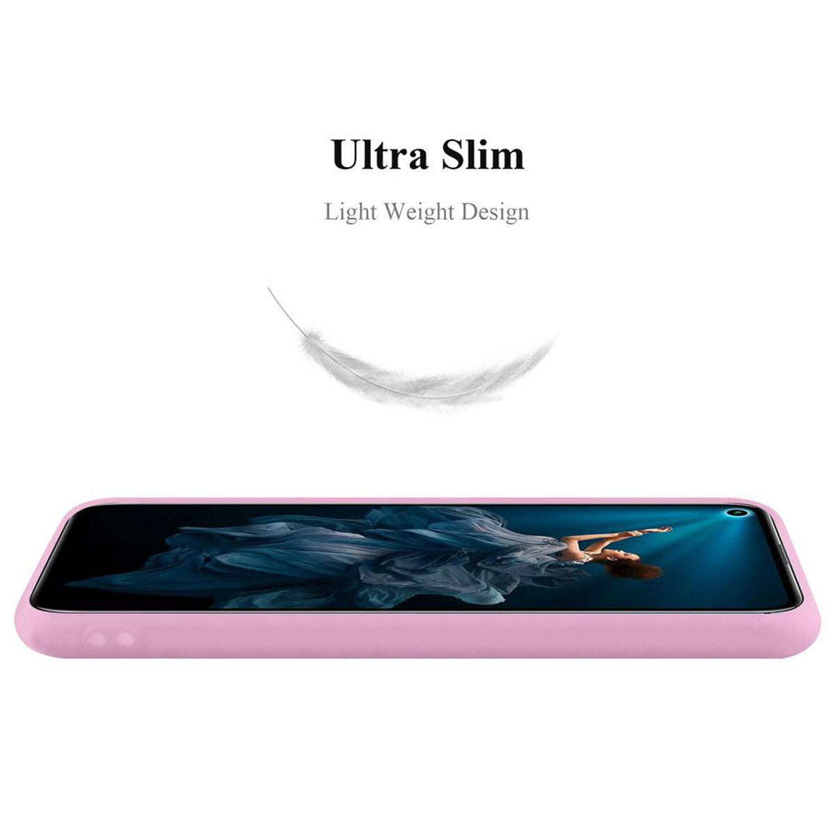 Una custodia rosa per telefono con l'immagine di una donna è mostrata, con una piuma e il testo 'Ultra Slim'.